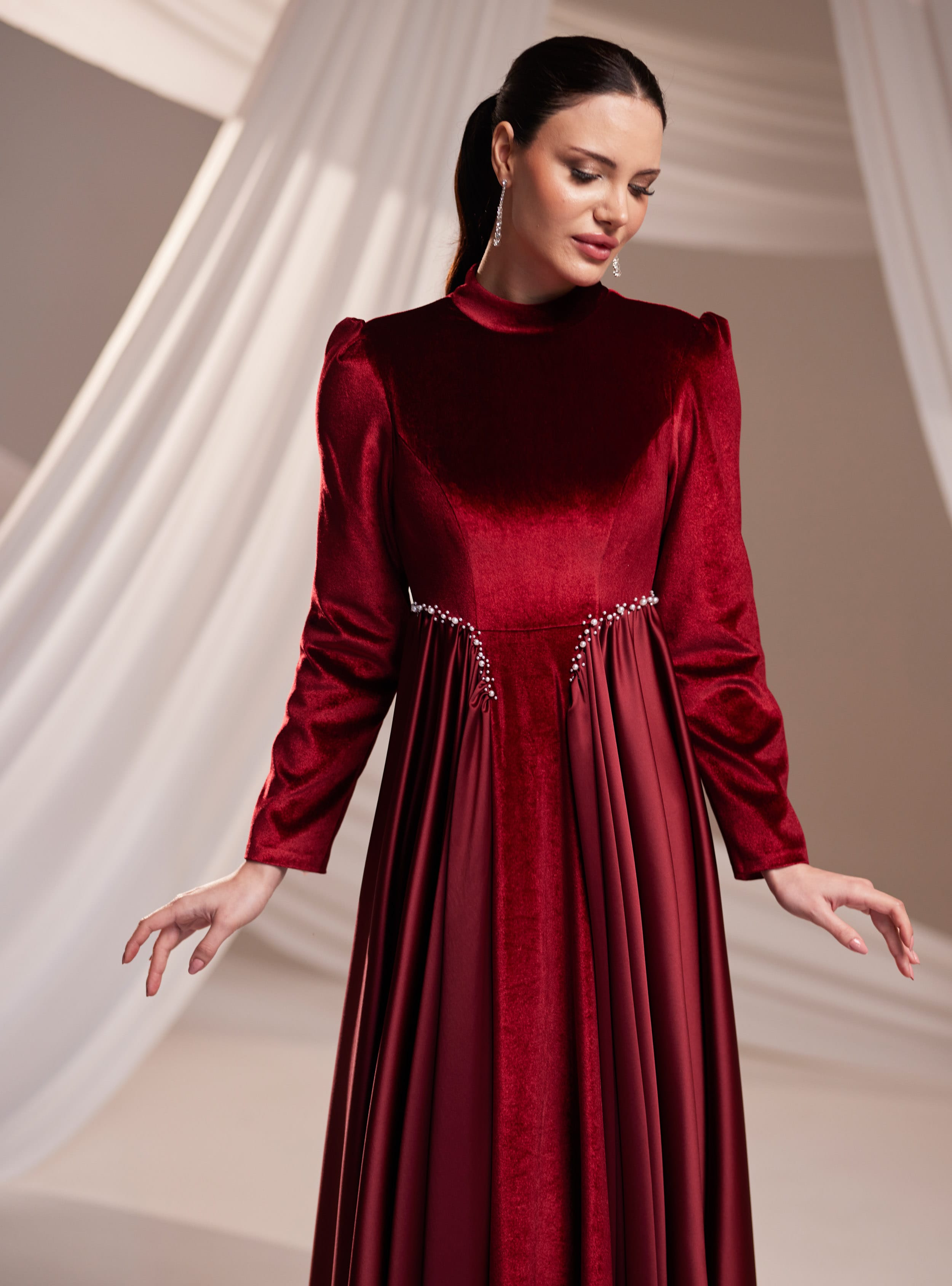 Kadife Abiye Elbise - Bordo - Burak Baran Fashion - Resim 3