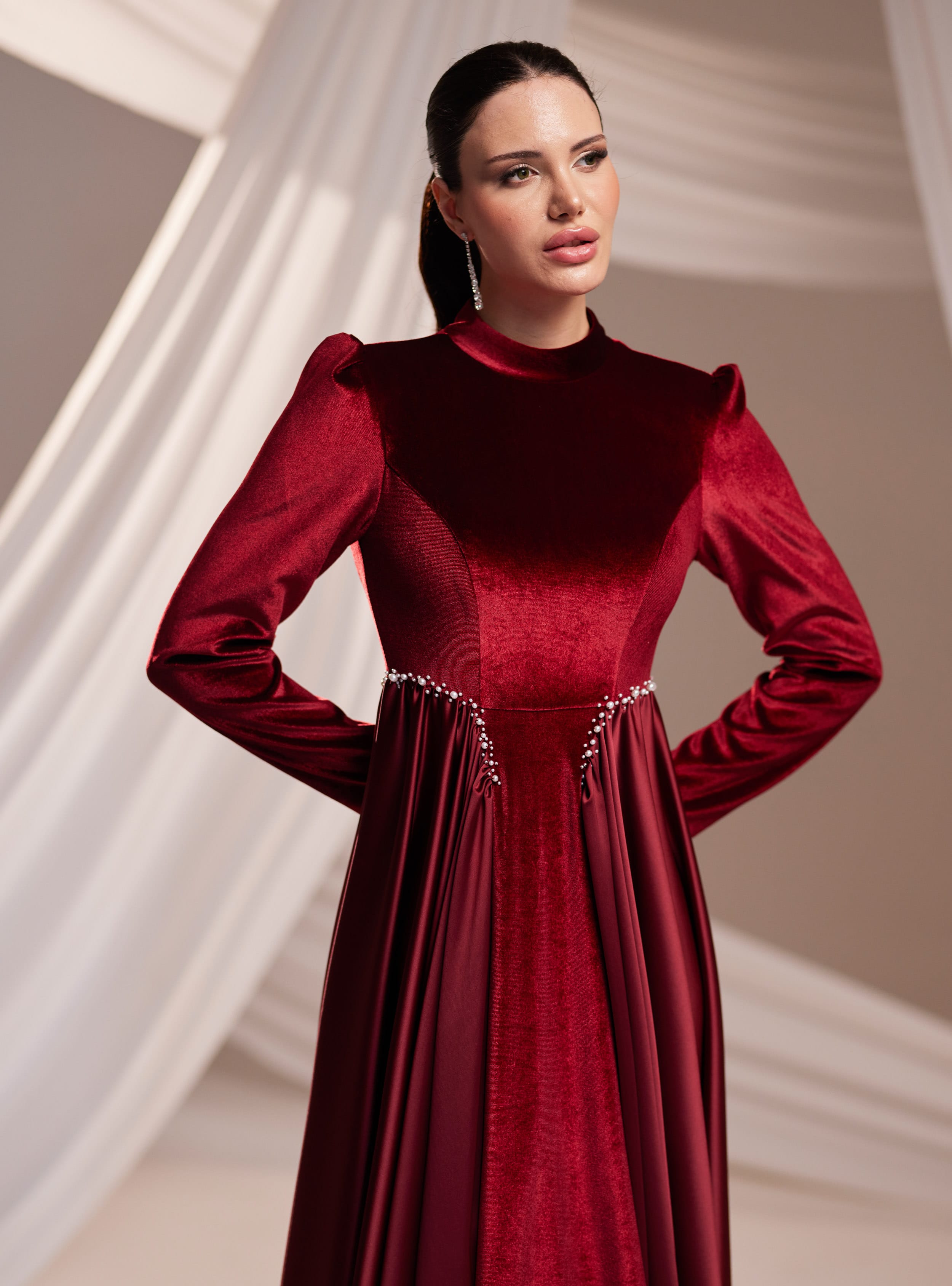 Kadife Abiye Elbise - Bordo - Burak Baran Fashion - Resim 4