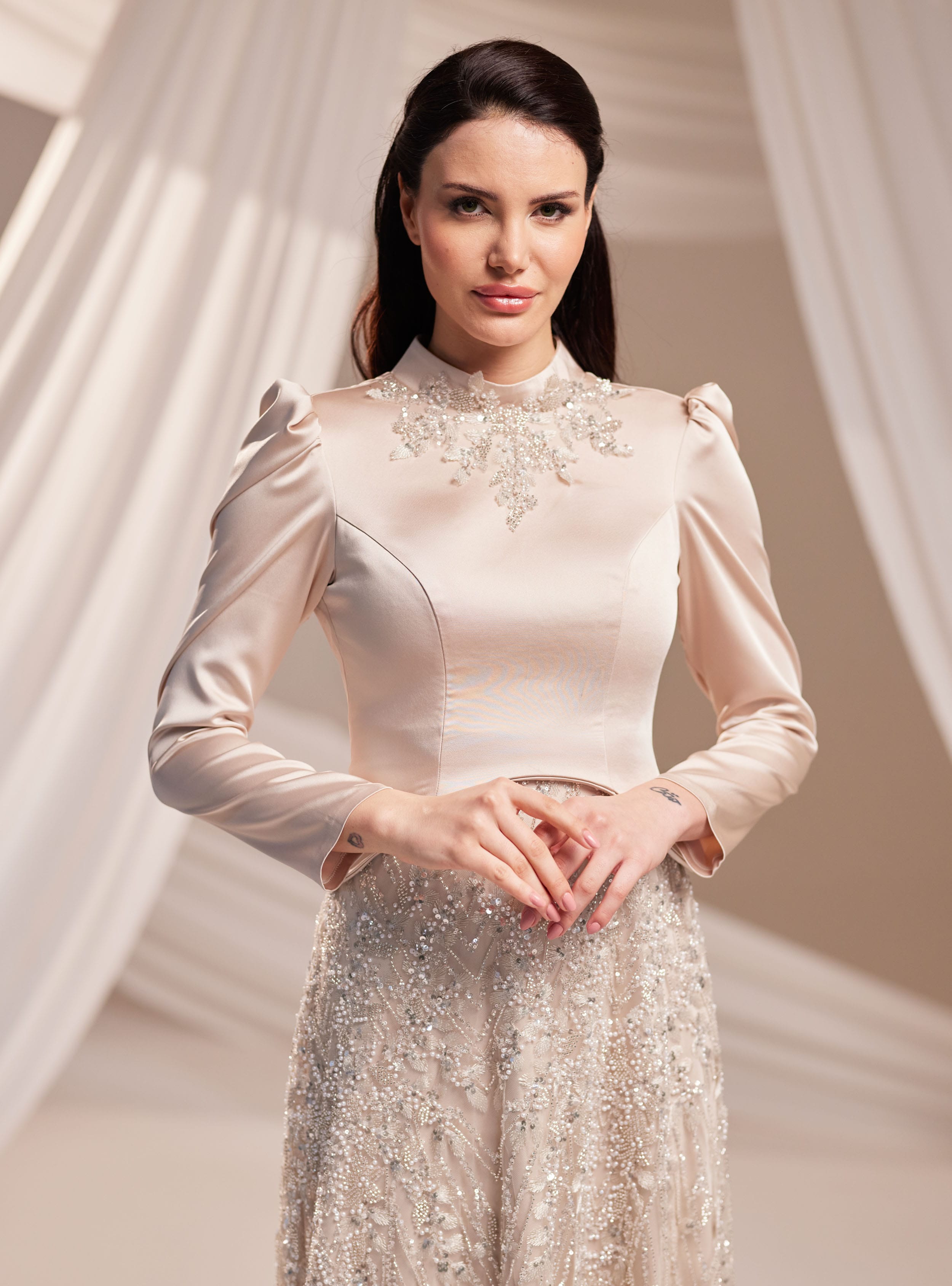 Liora Abiye Elbise - Vizon - Burak Baran Fashion - Resim 2