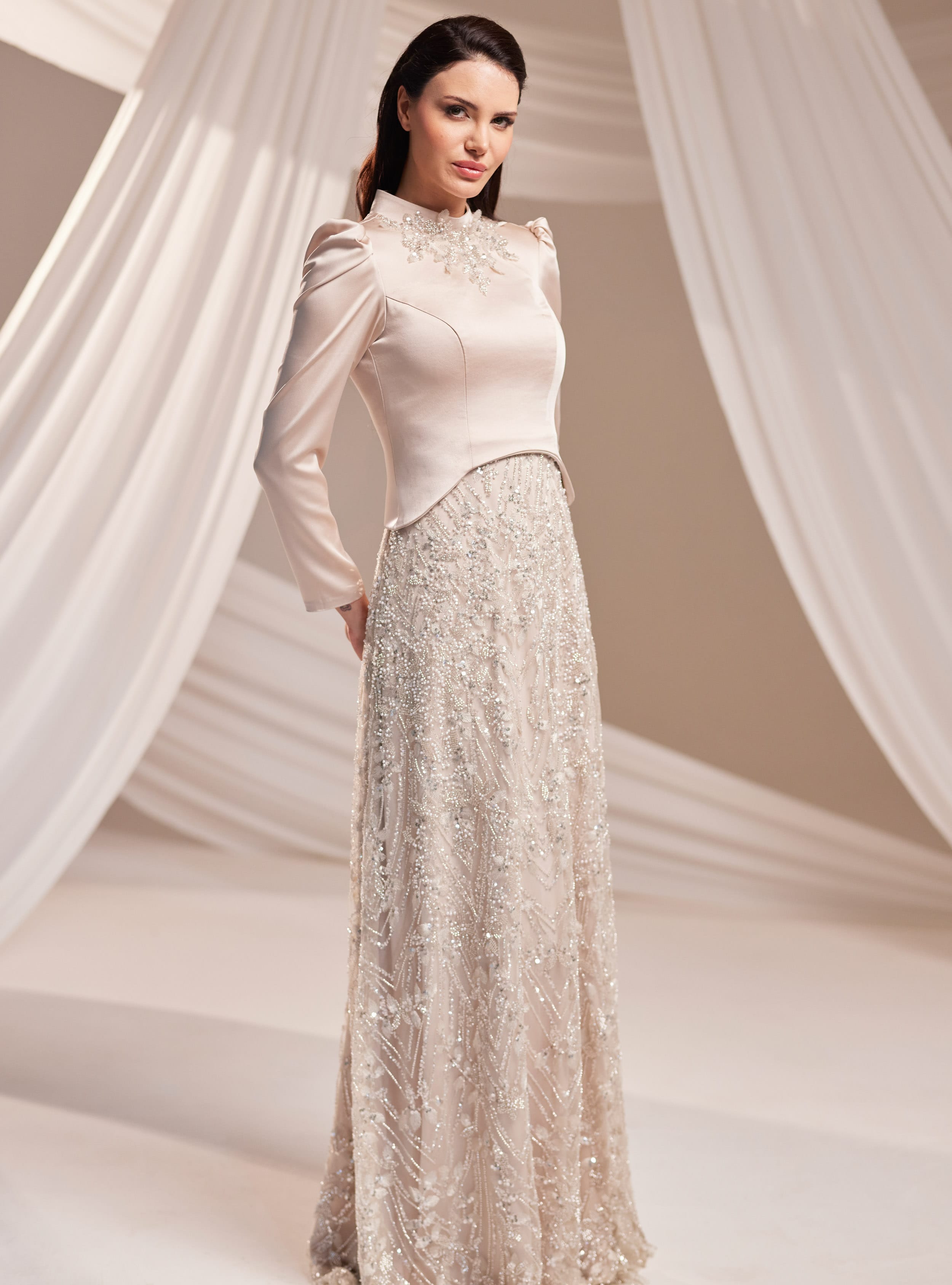 Liora Abiye Elbise - Vizon - Burak Baran Fashion - Resim 4