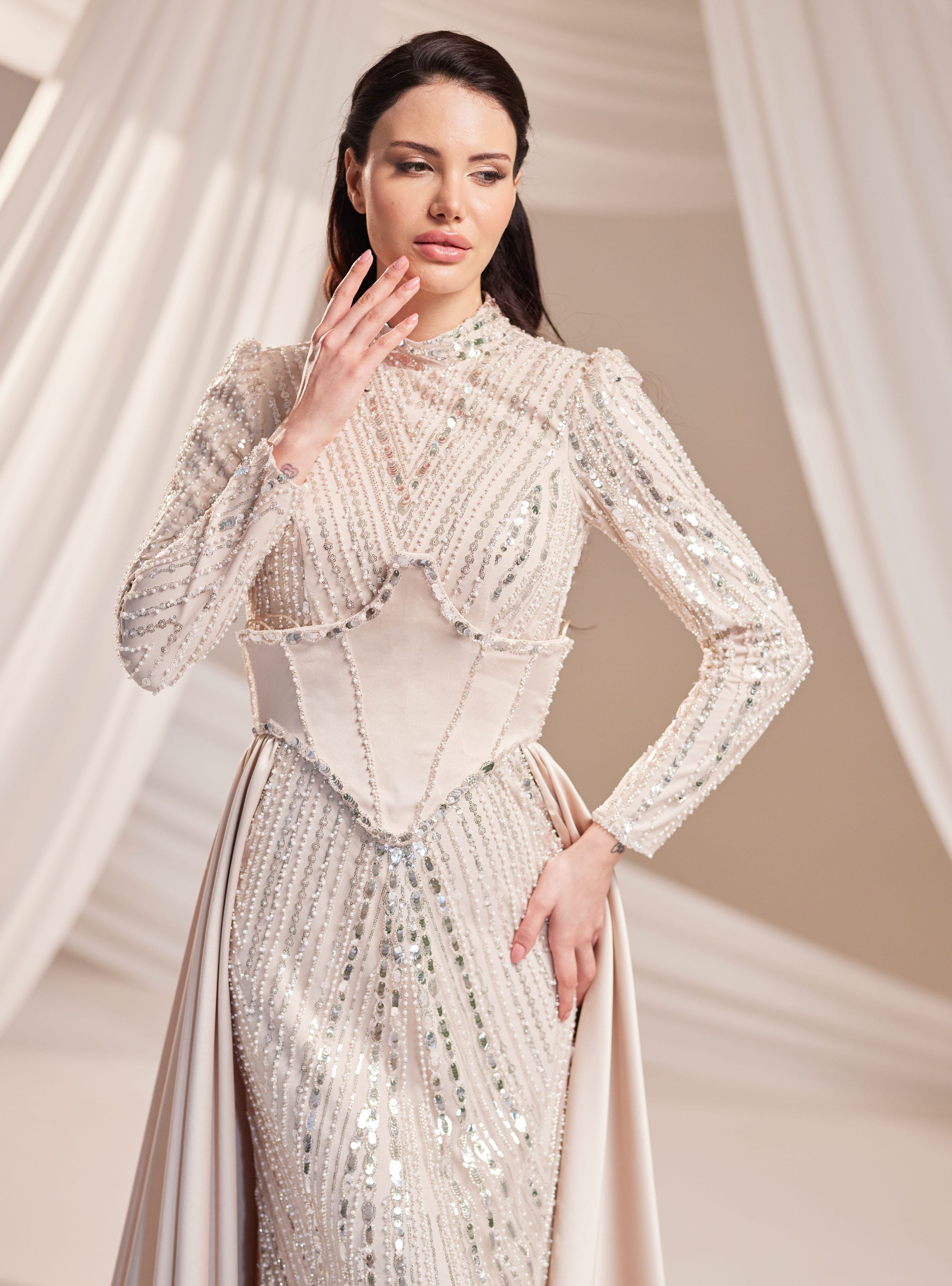 Royal Abiye Elbise - Vizon - Burak Baran Fashion - Resim 2