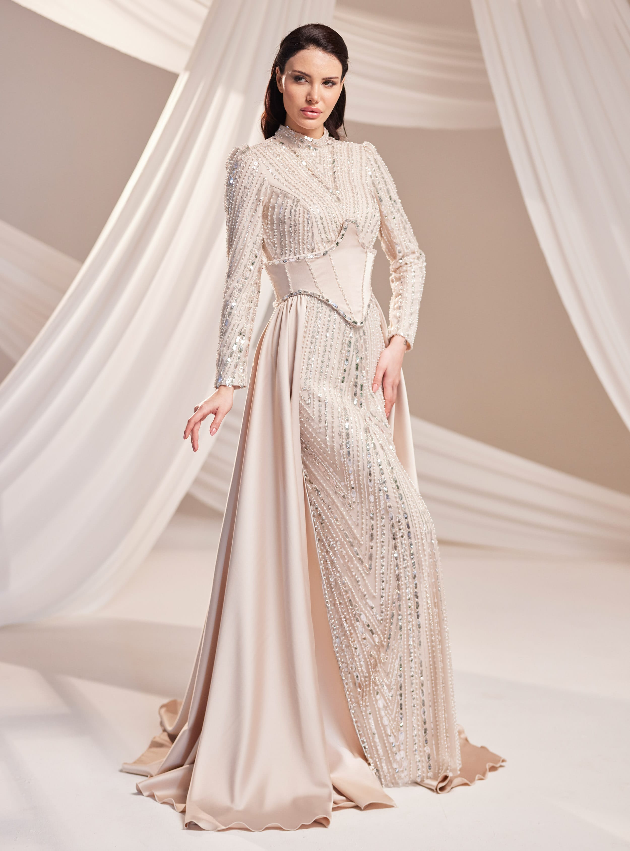 Royal Abiye Elbise - Vizon - Burak Baran Fashion - Resim 3