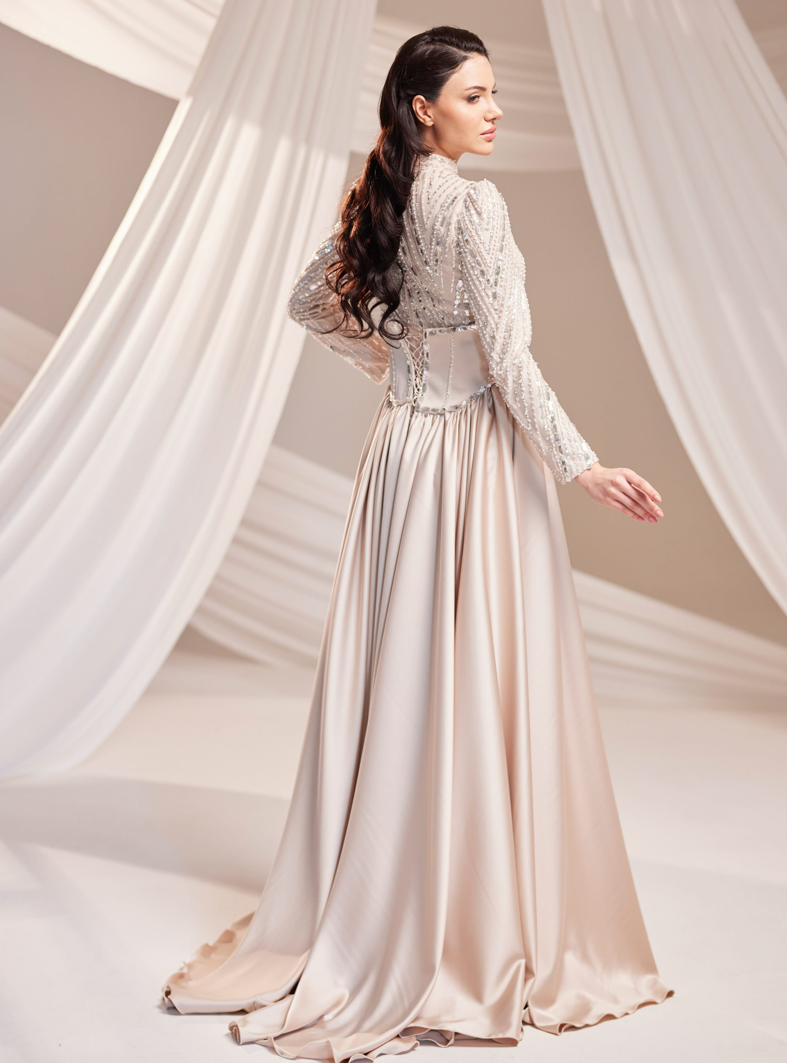 Royal Abiye Elbise - Vizon - Burak Baran Fashion - Resim 4