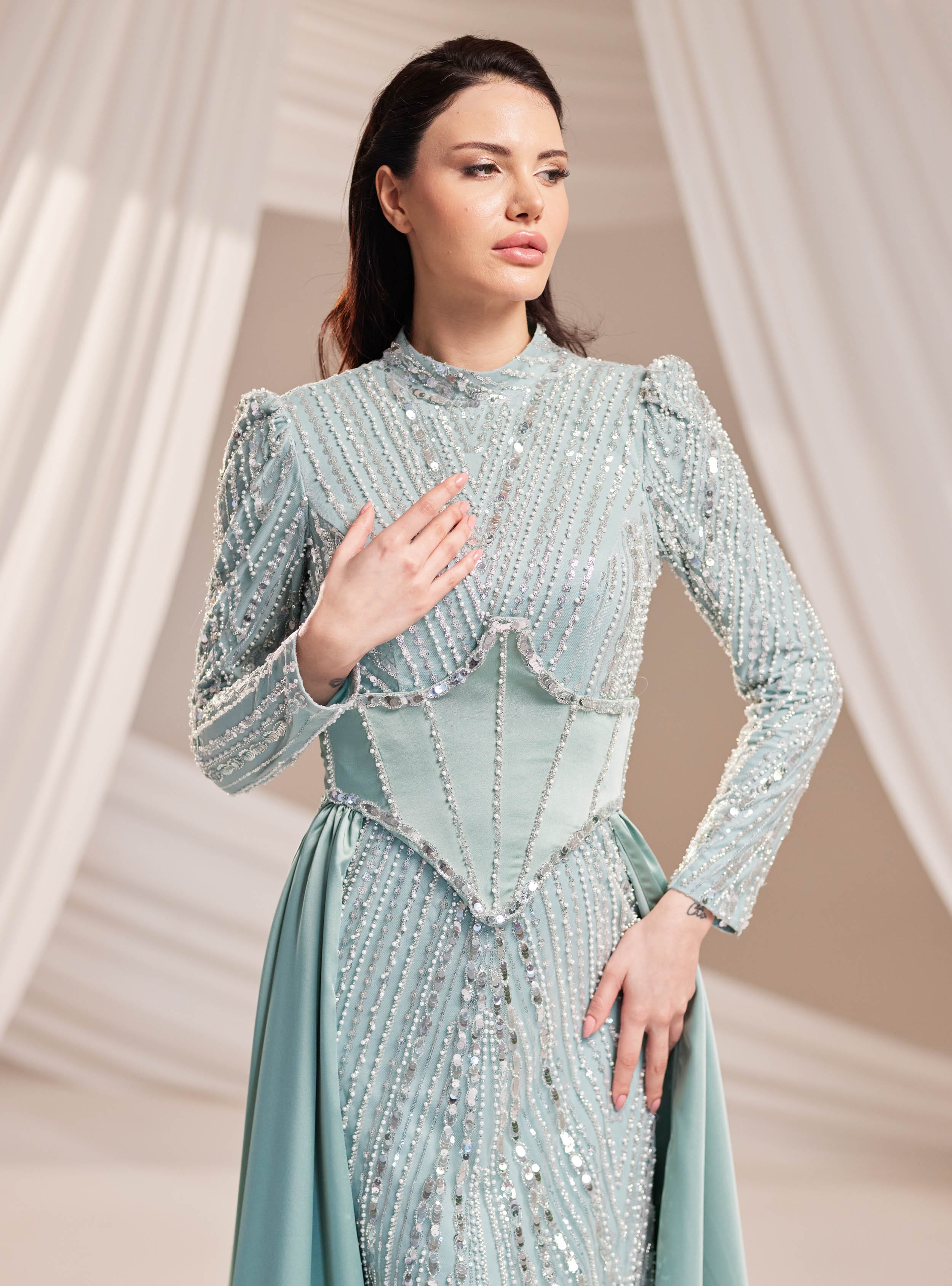 Royal Abiye Elbise - Mint Yeşili - Burak Baran Fashion - Resim 2