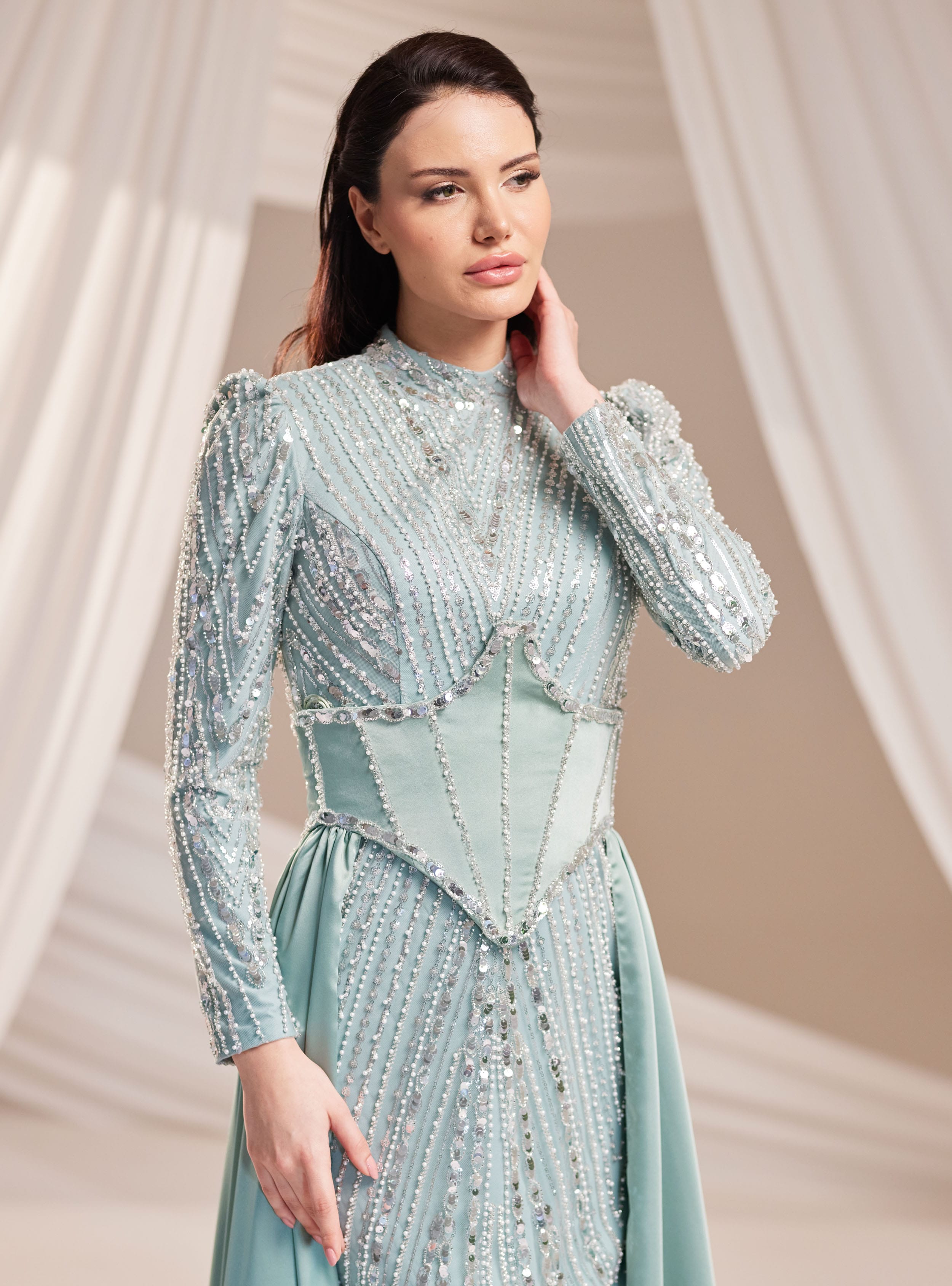 Royal Abiye Elbise - Mint Yeşili - Burak Baran Fashion - Resim 3