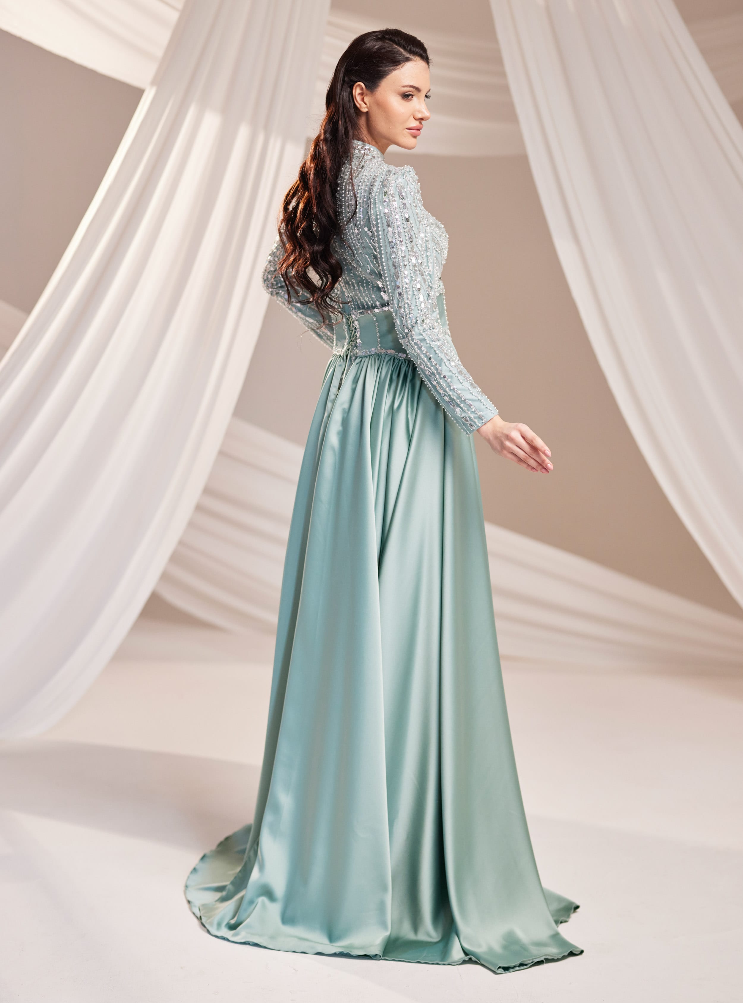 Royal Abiye Elbise - Mint Yeşili - Burak Baran Fashion - Resim 4