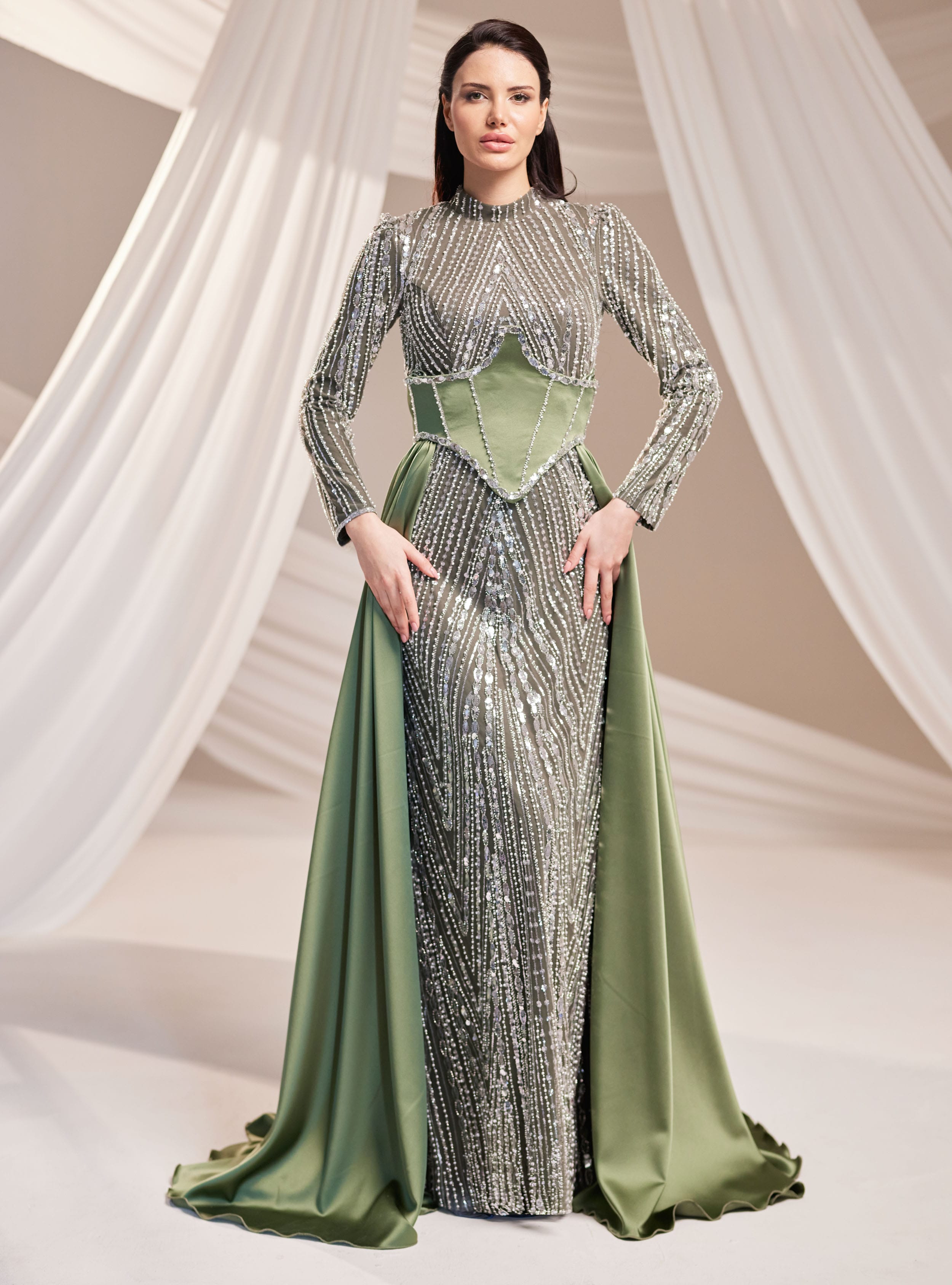 Royal Abiye Elbise - Haki - Burak Baran Fashion - Resim 2