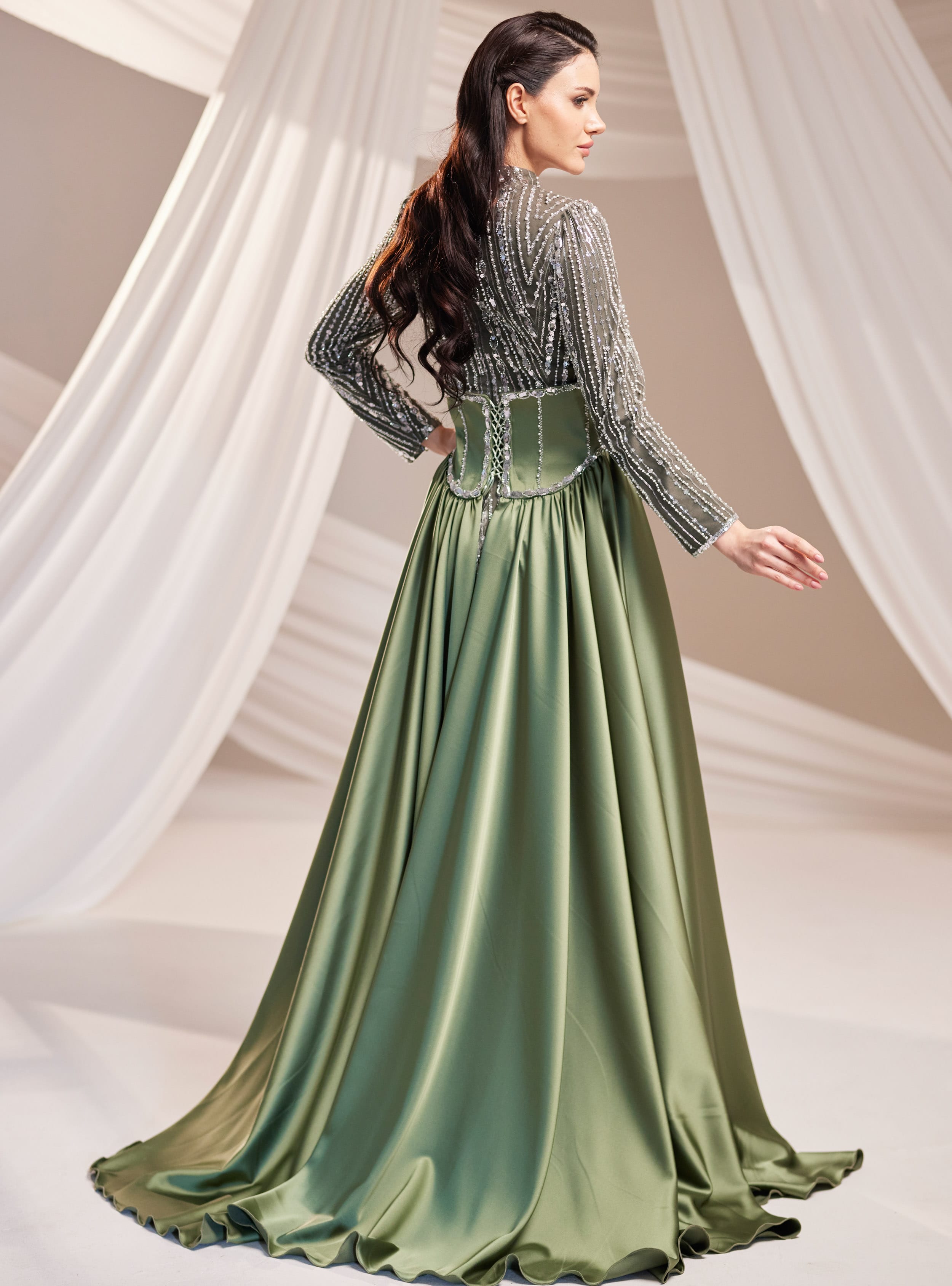 Royal Abiye Elbise - Haki - Burak Baran Fashion - Resim 4