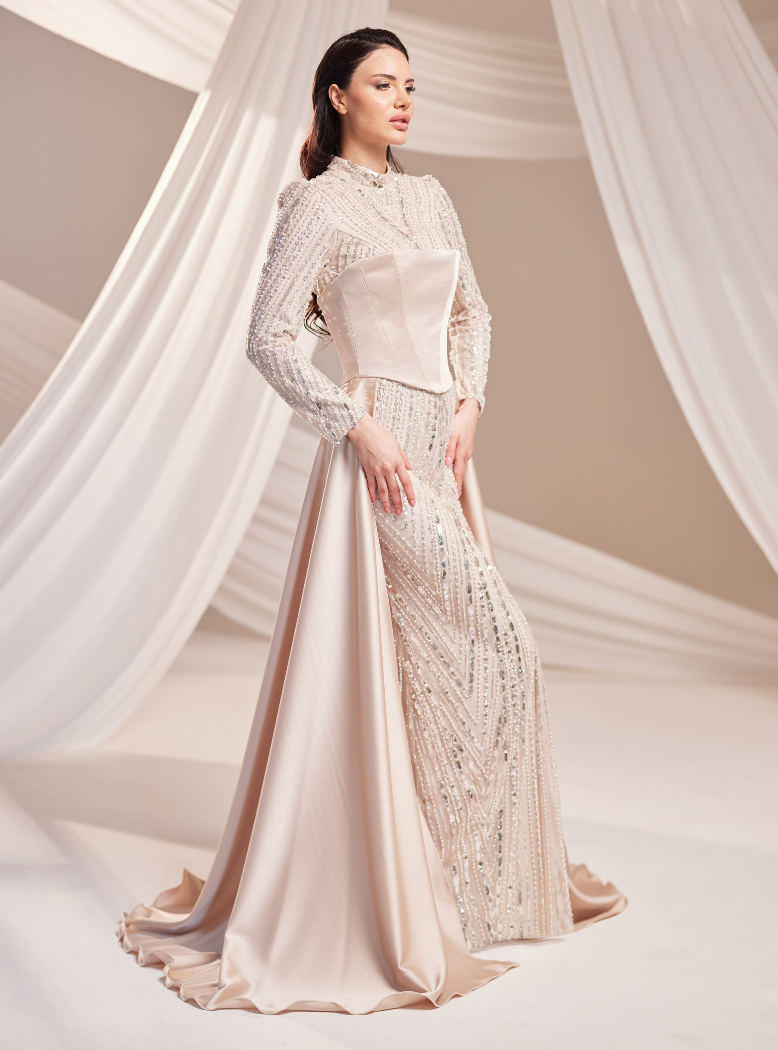 Mira Abiye Elbise - Vizon - Burak Baran Fashion - Resim 3