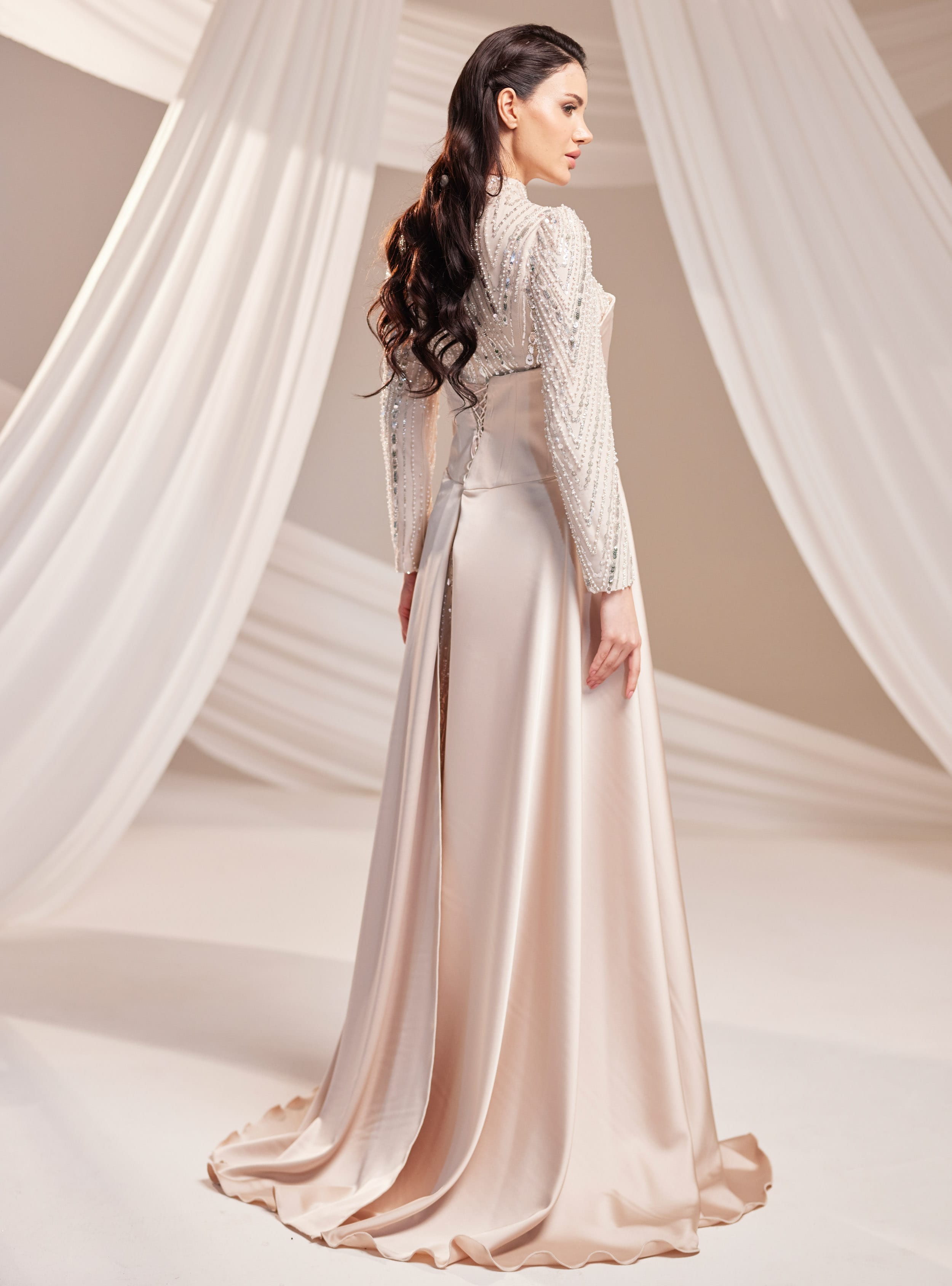Mira Abiye Elbise - Vizon - Burak Baran Fashion - Resim 4