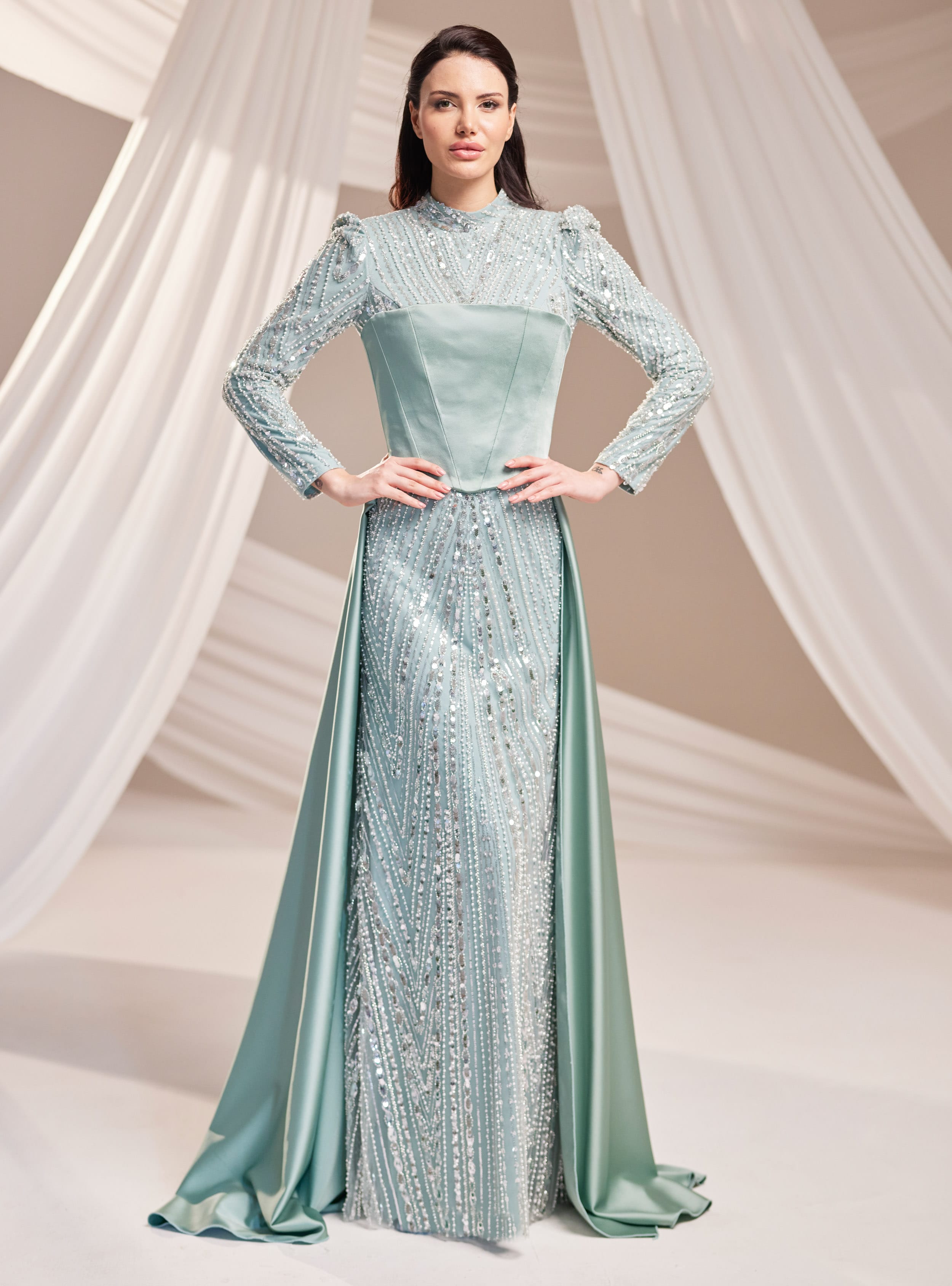 Mira Abiye Elbise - Mint Yeşili - Burak Baran Fashion - Resim 2