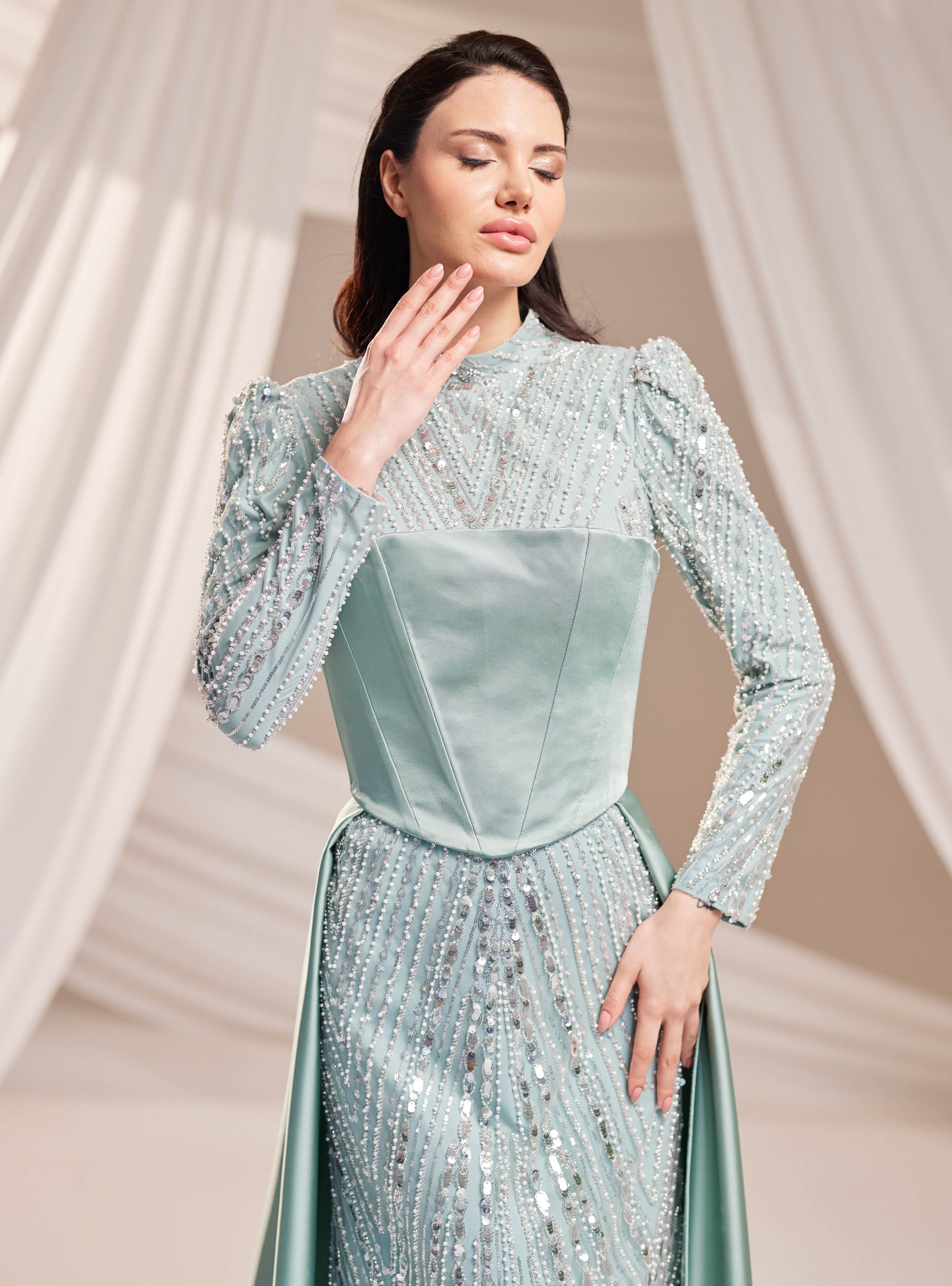 Mira Abiye Elbise - Mint Yeşili - Burak Baran Fashion - Resim 3