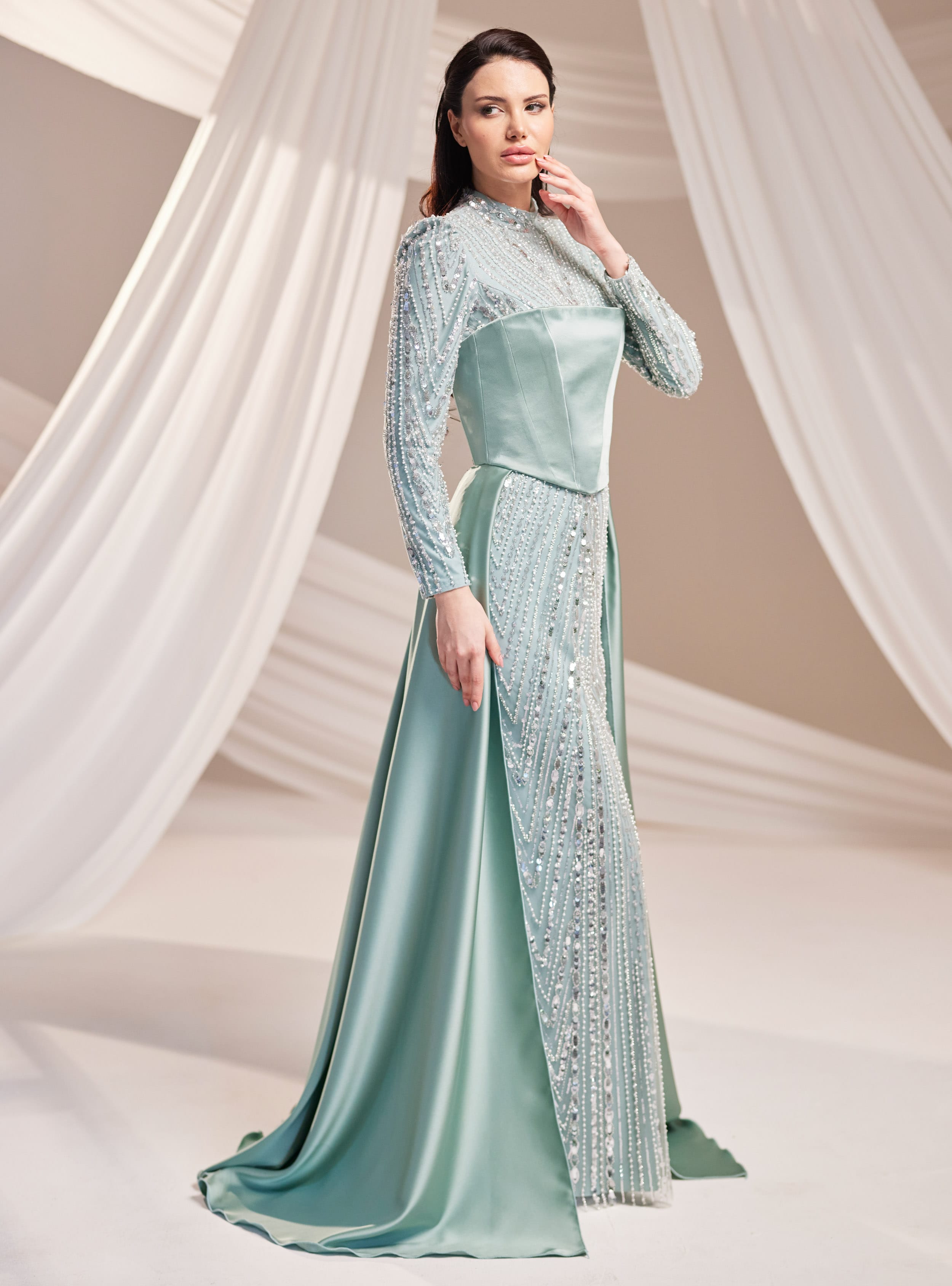 Mira Abiye Elbise - Mint Yeşili - Burak Baran Fashion - Resim 4