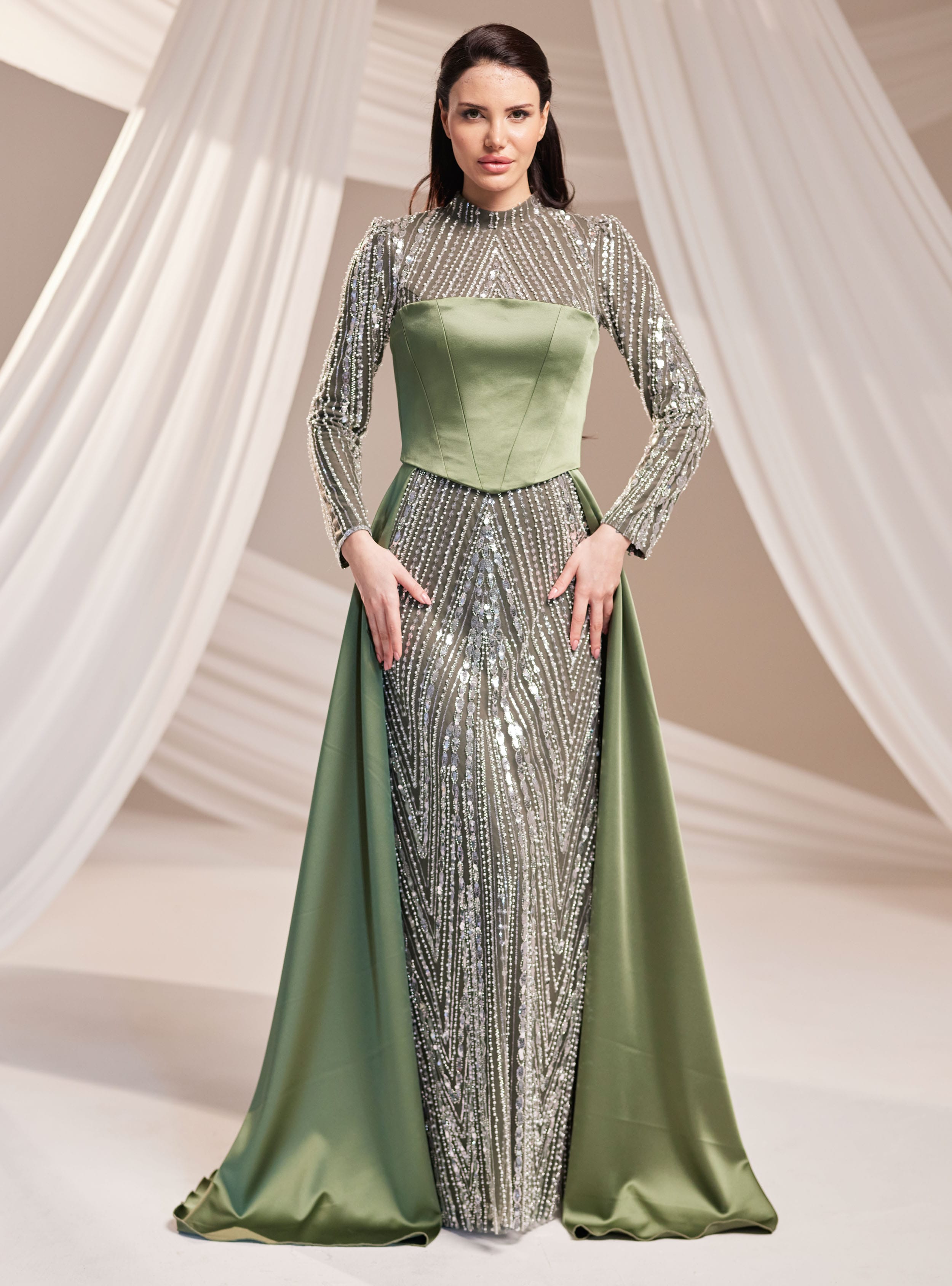 Mira Abiye Elbise - Haki - Burak Baran Fashion - Resim 2