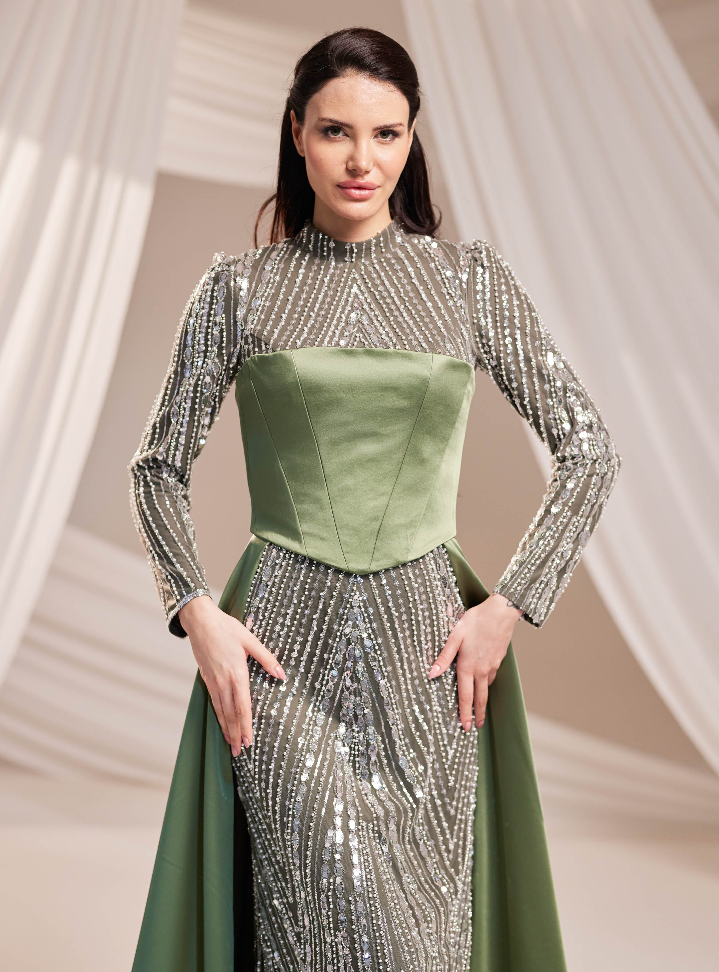 Mira Abiye Elbise - Haki - Burak Baran Fashion - Resim 3