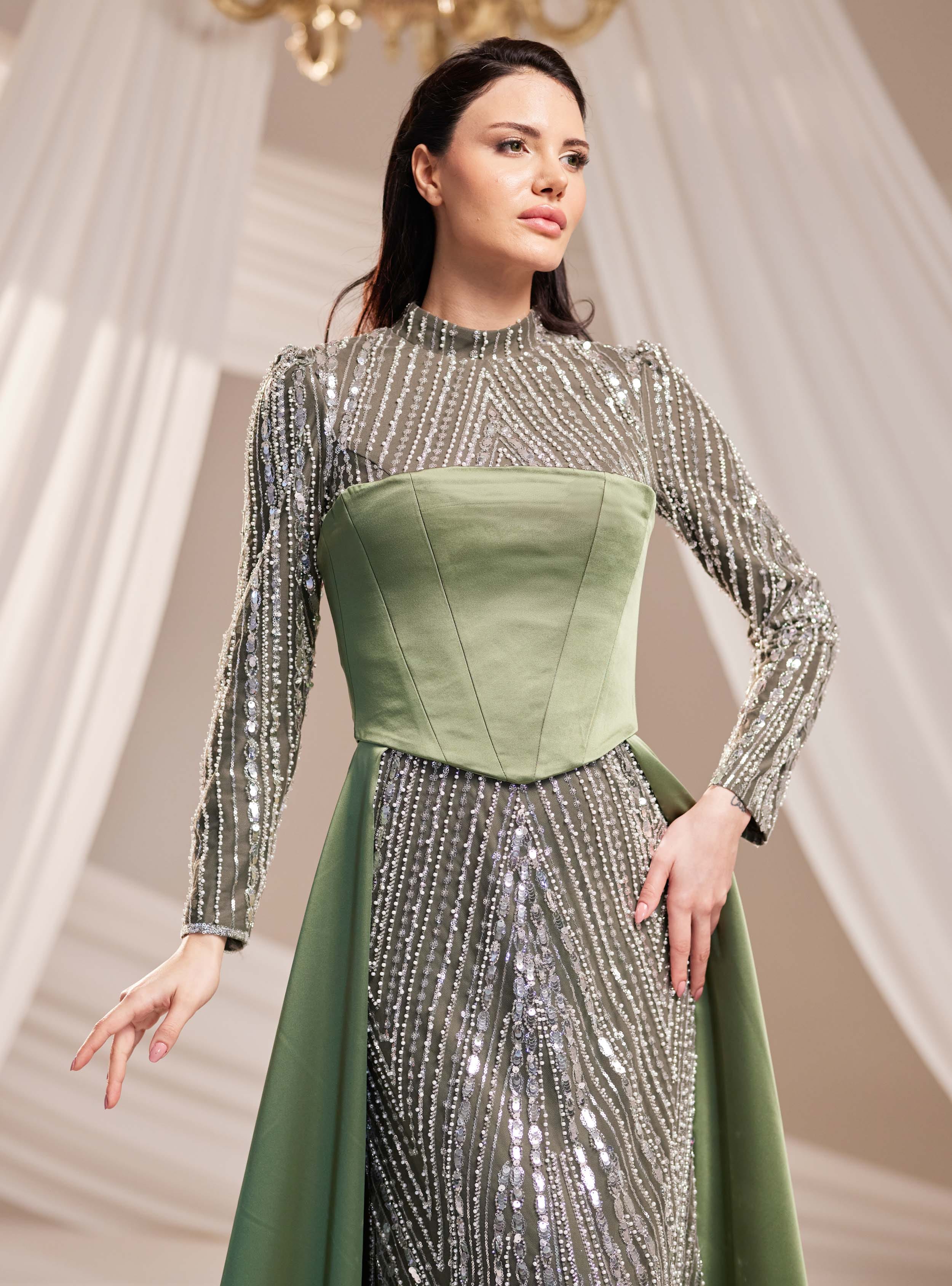 Mira Abiye Elbise - Haki - Burak Baran Fashion - Resim 4