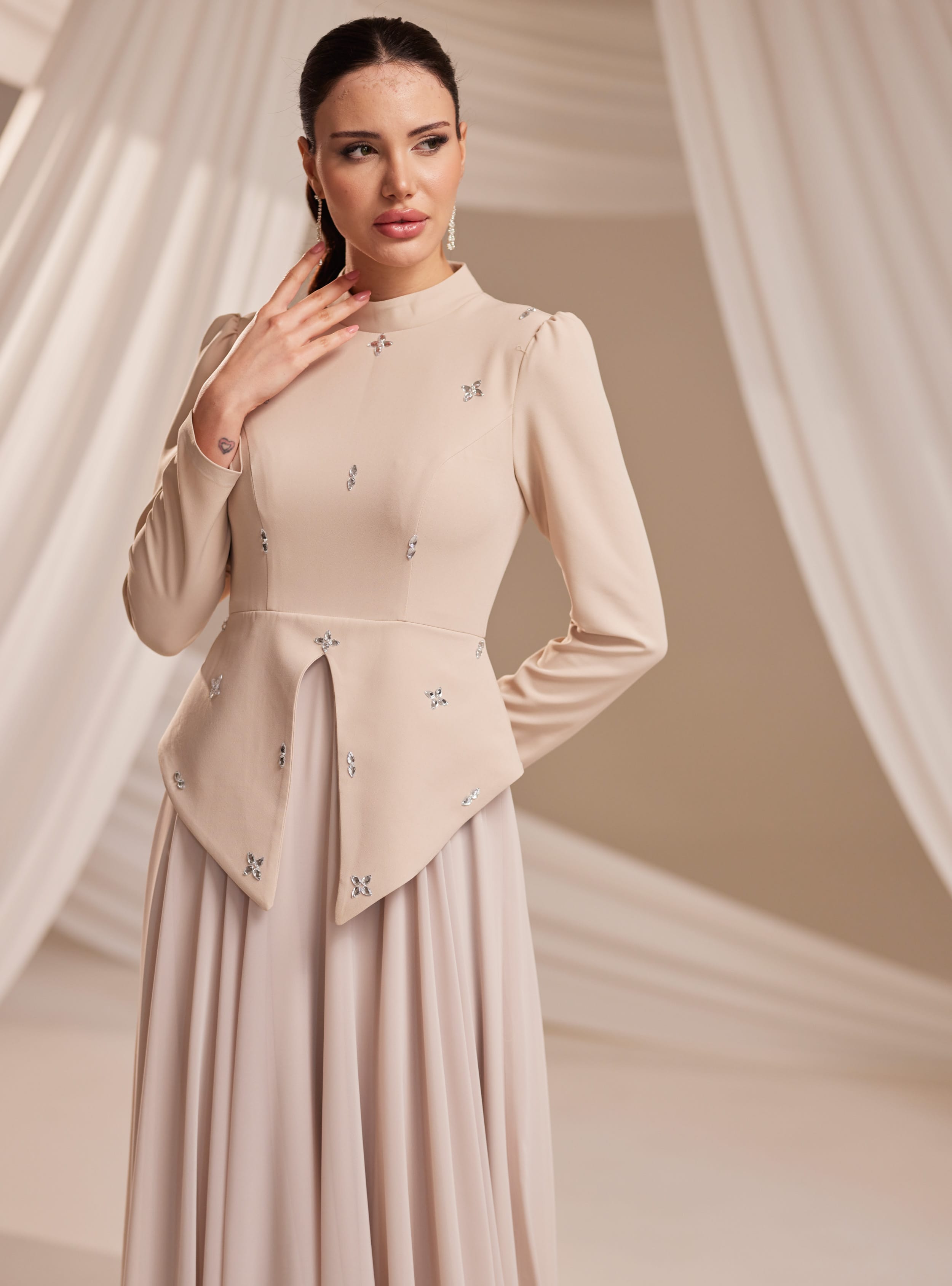 Lora Abiye Elbise - Vizon - Burak Baran Fashion - Resim 2