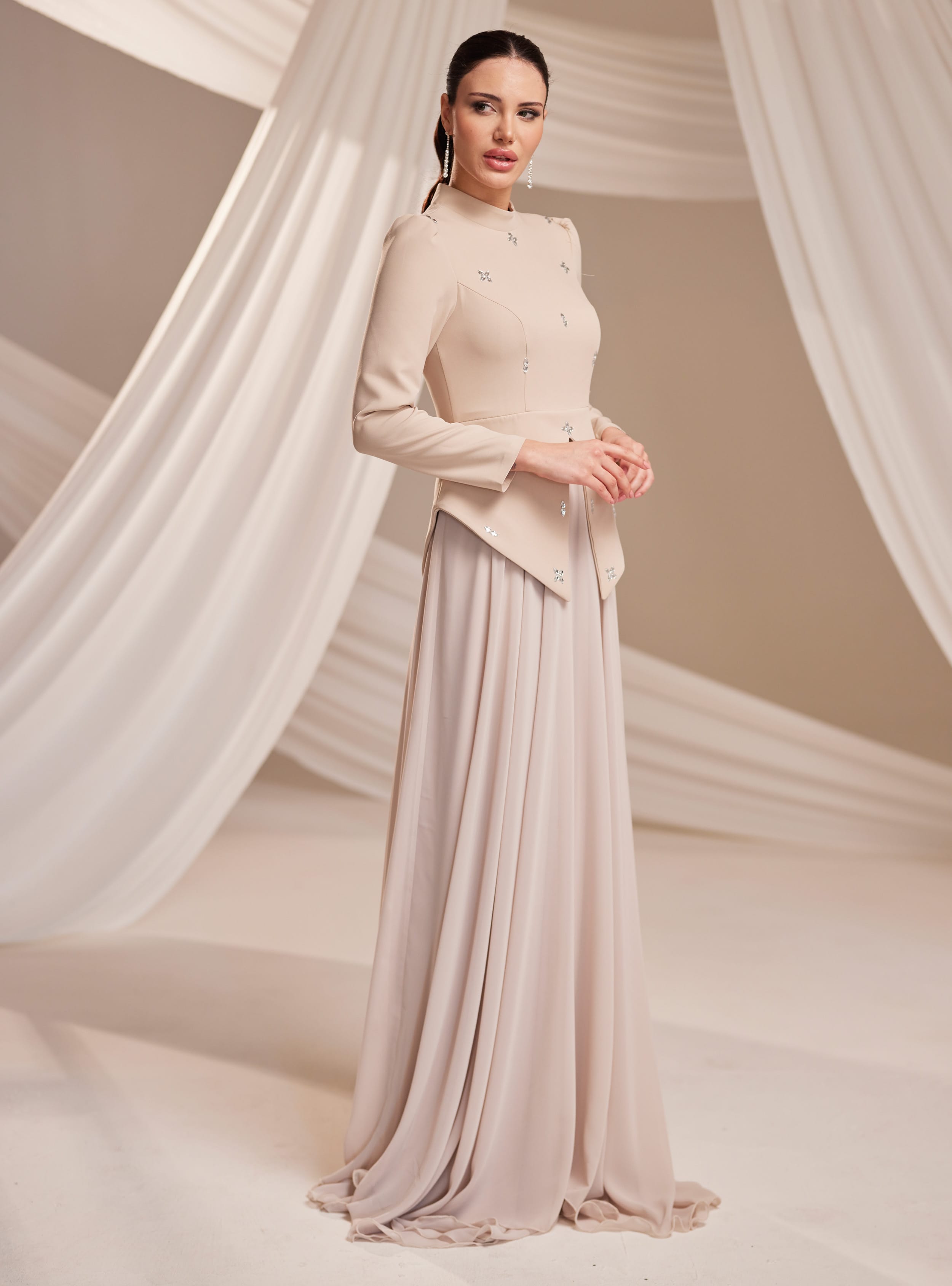 Lora Abiye Elbise - Vizon - Burak Baran Fashion - Resim 3