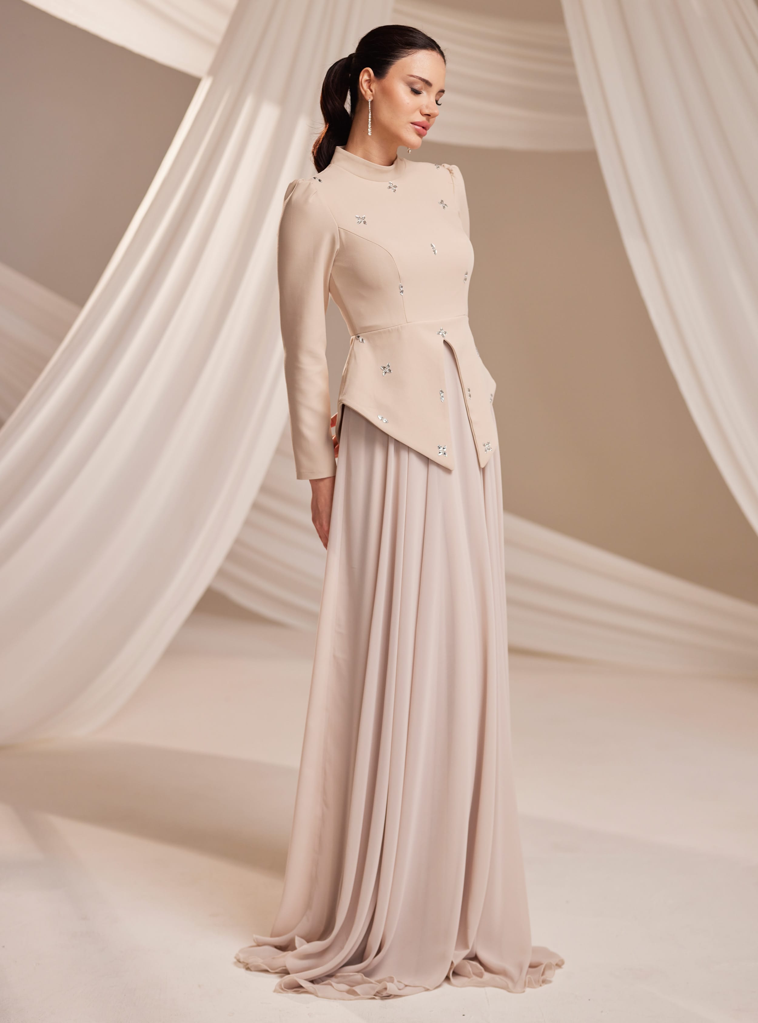Lora Abiye Elbise - Vizon - Burak Baran Fashion - Resim 4