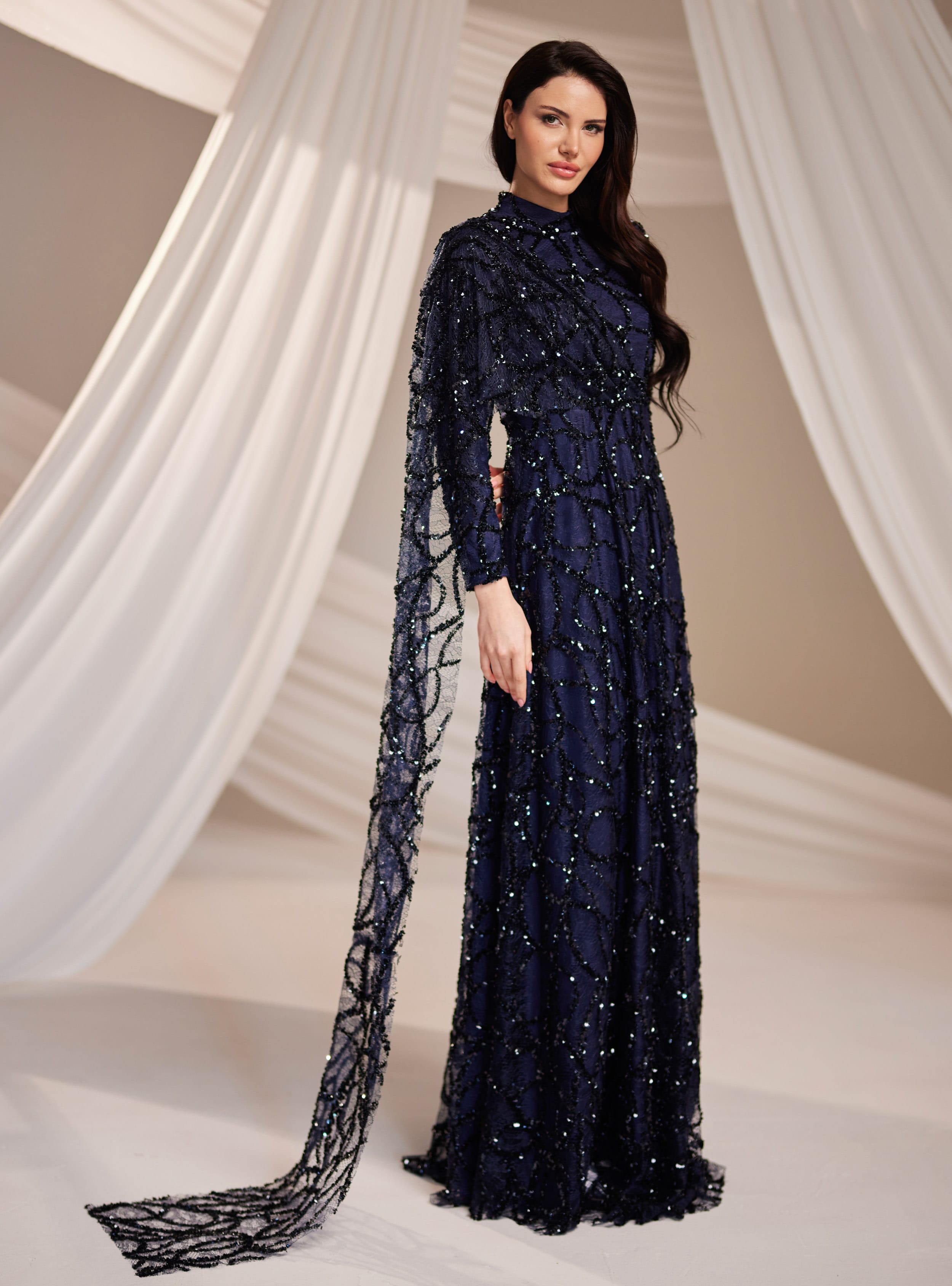 Azize Abiye Elbise - Lacivert - Burak Baran Fashion - Resim 3
