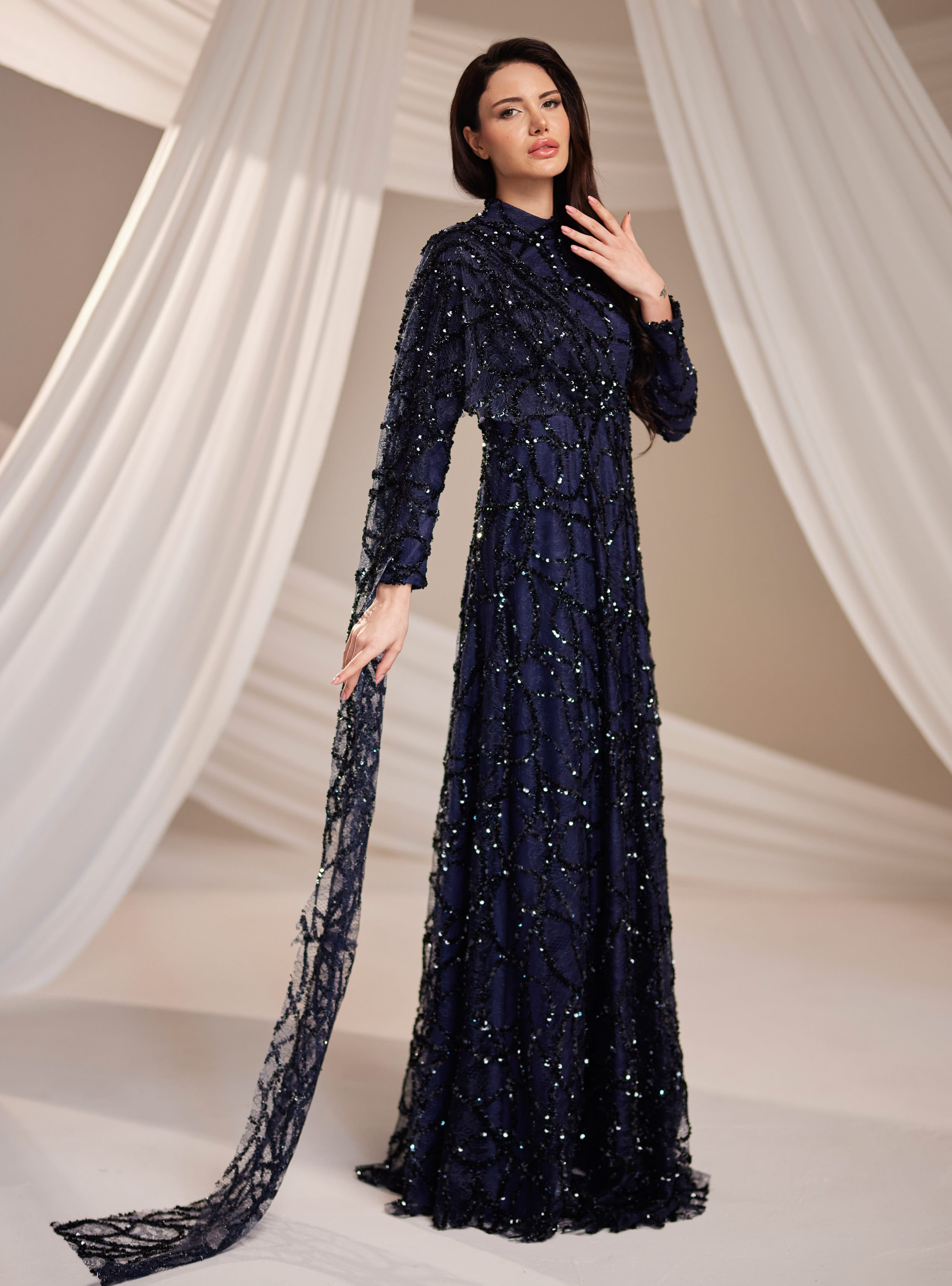 Azize Abiye Elbise - Lacivert - Burak Baran Fashion - Resim 4