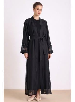 Kolları Taş Detaylı Organze Abaya Takım SİYAH 9449-TK