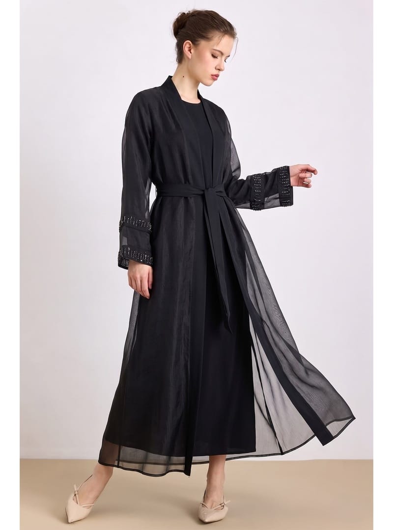Kolları Taş Detaylı Organze Abaya Takım SİYAH 9449-TK - Resim 2
