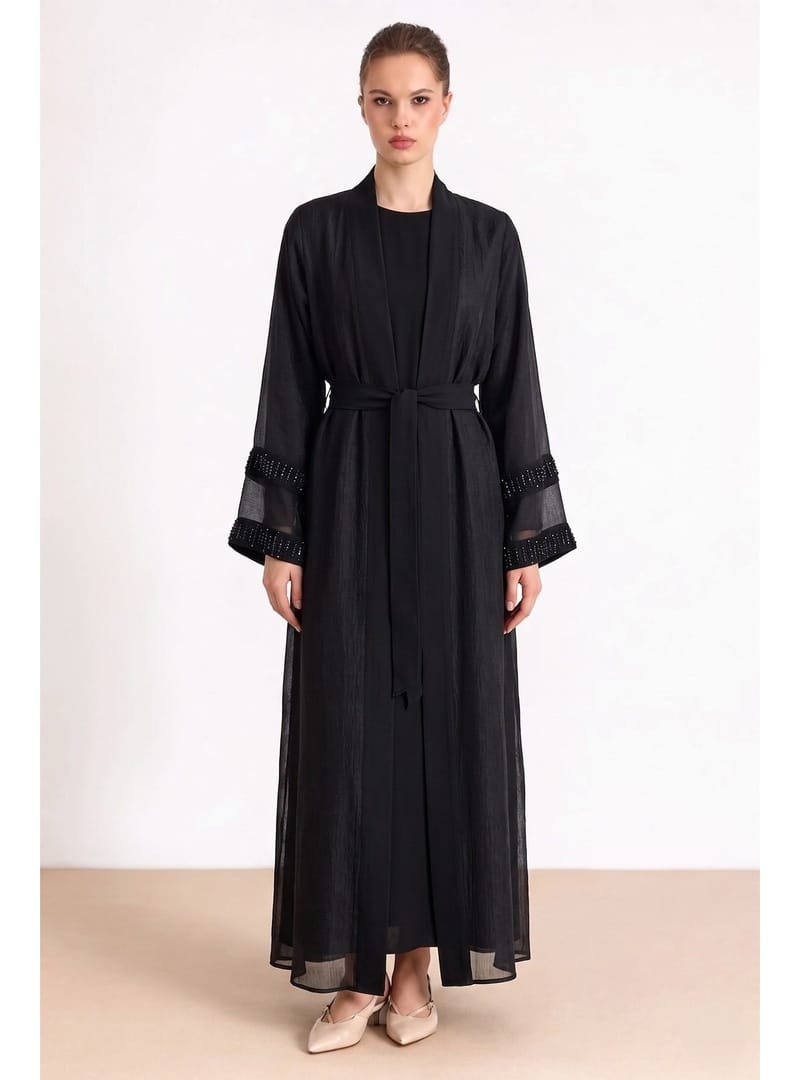 Kolları Taş Detaylı Organze Abaya Takım SİYAH 9449-TK - Resim 3