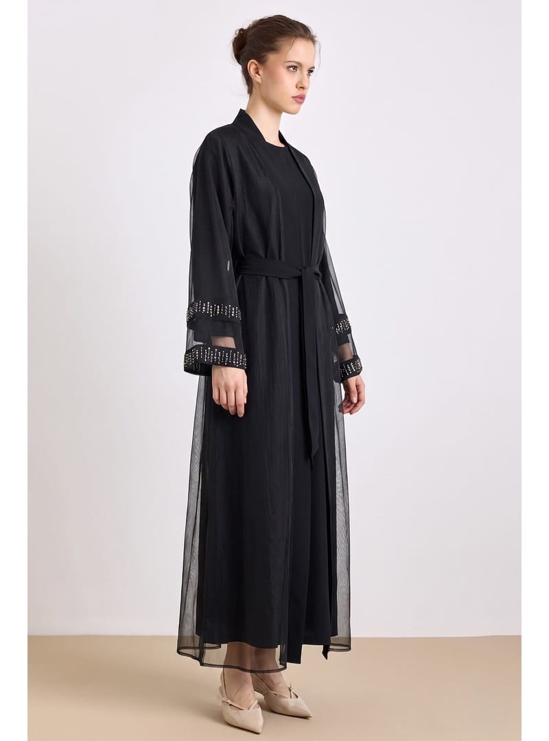 Kolları Taş Detaylı Organze Abaya Takım SİYAH 9449-TK - Resim 4