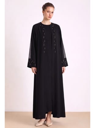 Taş ve Tül Detaylı Abaya Takım SİYAH 9450-TK