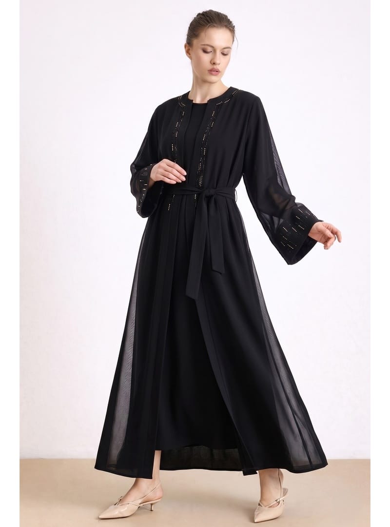 Taş ve Tül Detaylı Abaya Takım SİYAH 9450-TK - Resim 2