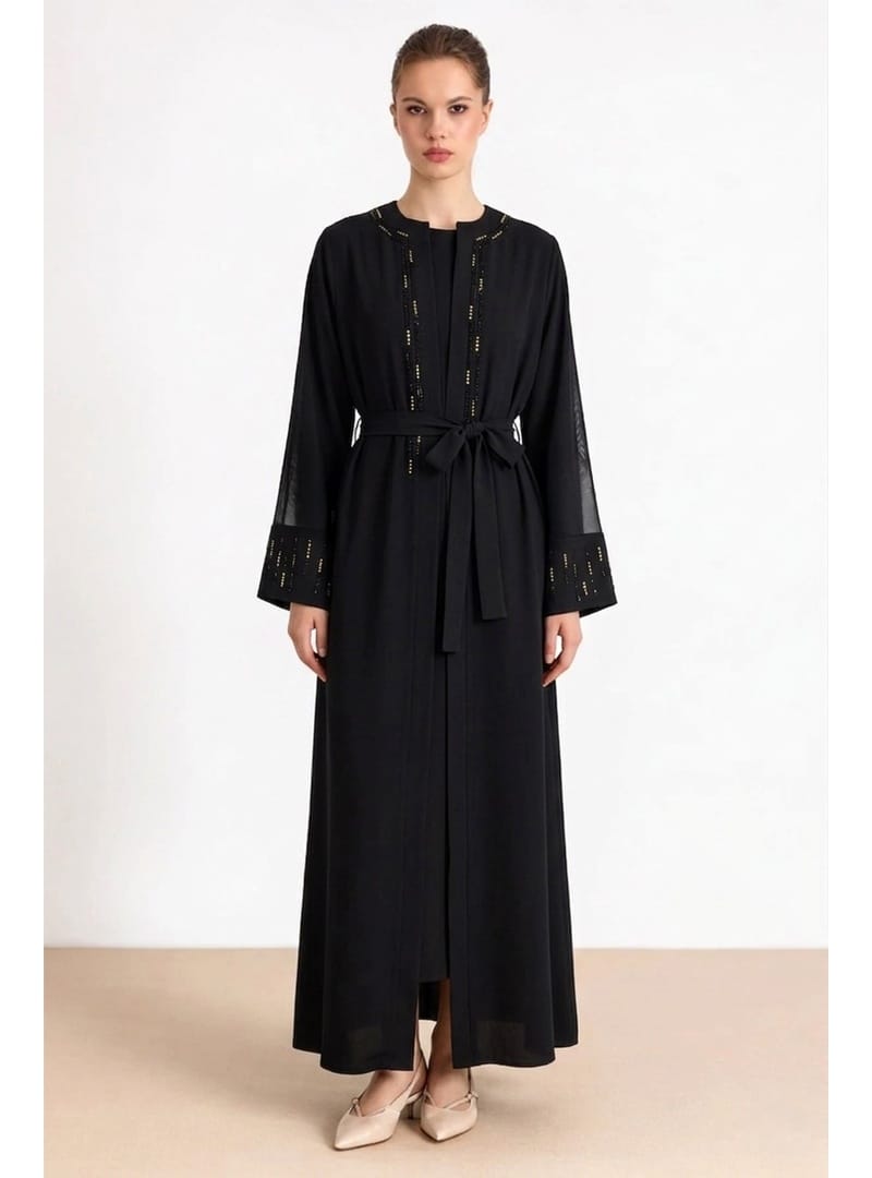 Taş ve Tül Detaylı Abaya Takım SİYAH 9450-TK - Resim 3