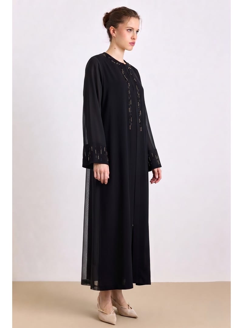 Taş ve Tül Detaylı Abaya Takım SİYAH 9450-TK - Resim 4