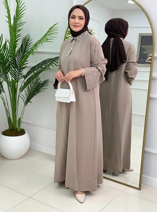 Kadın Beyoğlu Taşlı %100 Keten Elbise- Vizon - MODANURSEDA