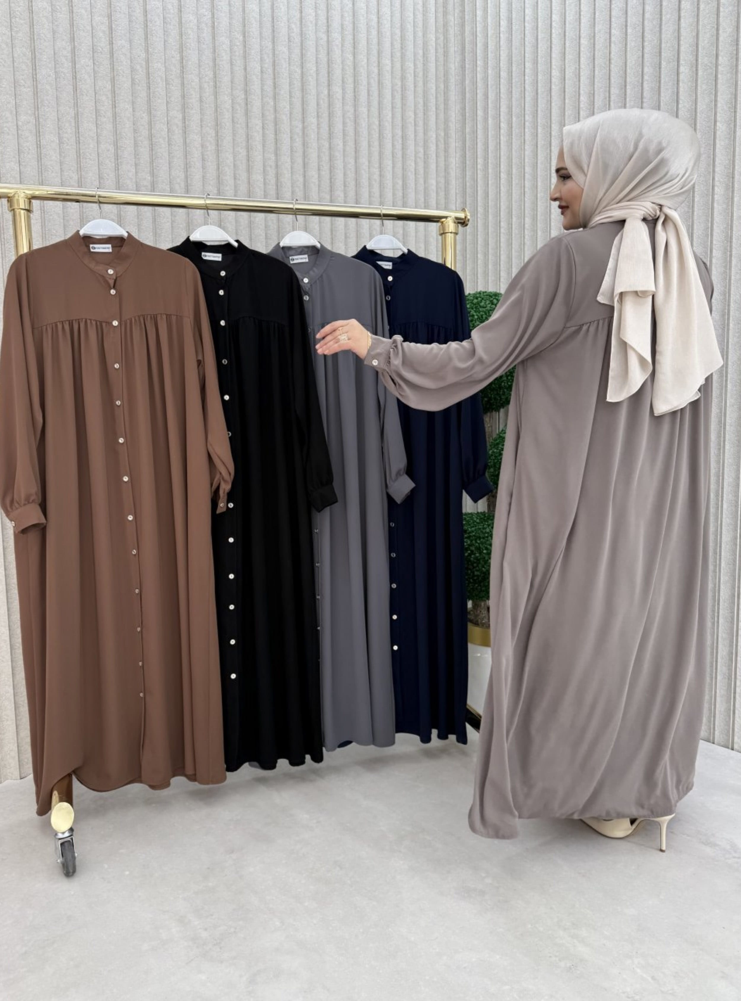 Kadın Medine İpeği Düğmeli Boydan Elbise - Vizon - MODANURSEDA - Resim 3