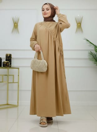 Kadın Pamuklu Müslin Yandan İpli Büzgü Detaylı Elbise - Camel - MODANURSEDA