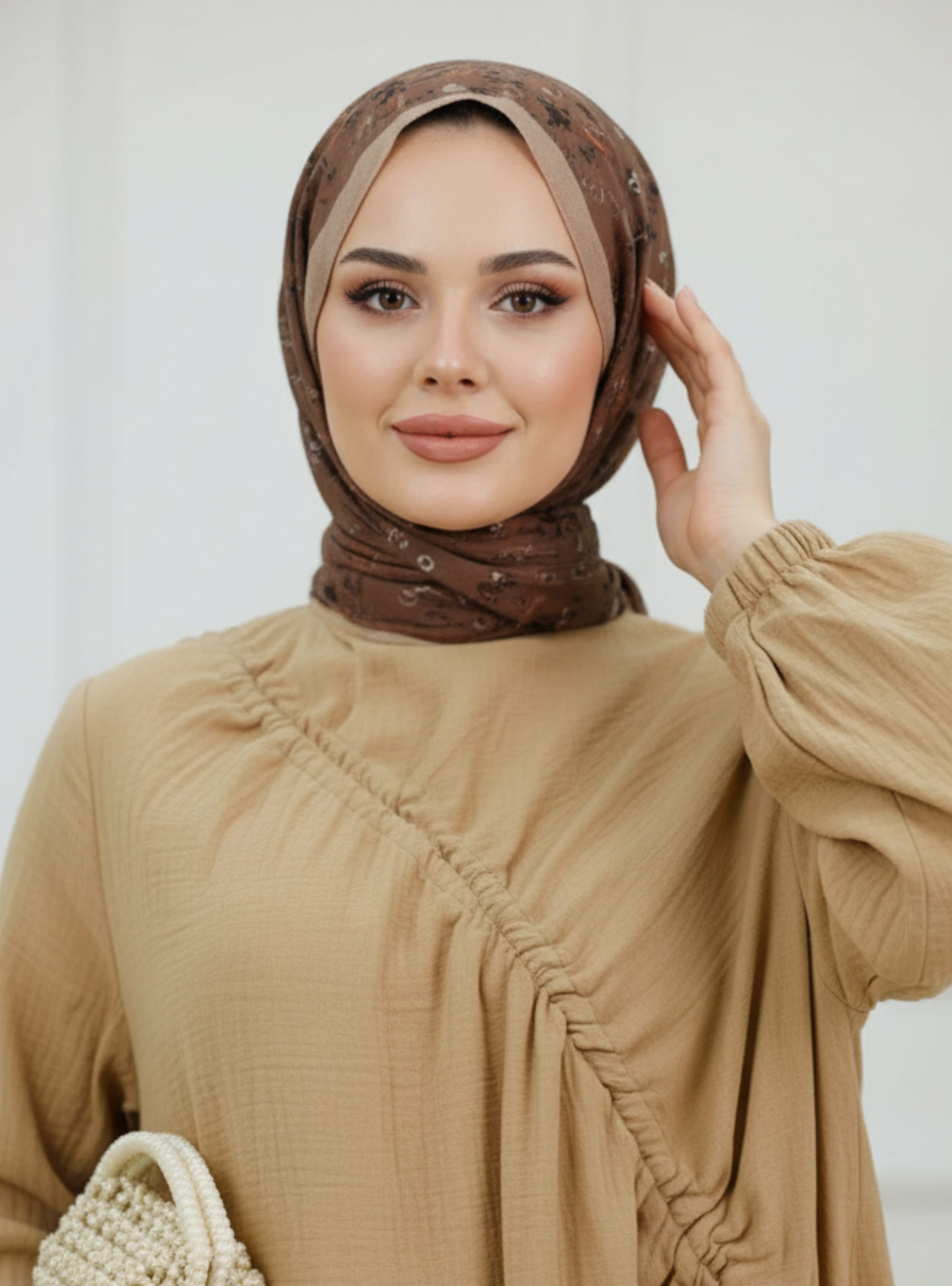 Kadın Pamuklu Müslin Yandan İpli Büzgü Detaylı Elbise - Camel - MODANURSEDA - Resim 2