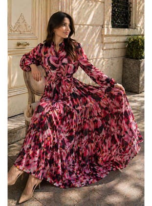 Desenli Tesettür Jessica Elbise B607 Fuşya