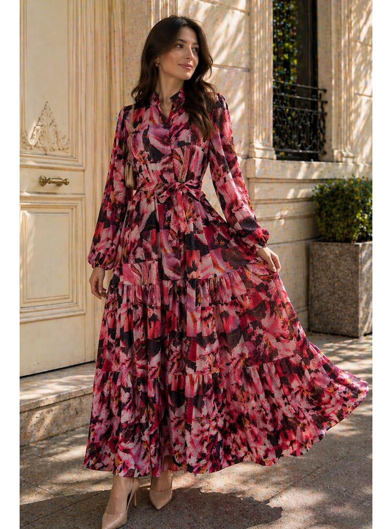 Desenli Tesettür Jessica Elbise B607 Fuşya - Resim 2