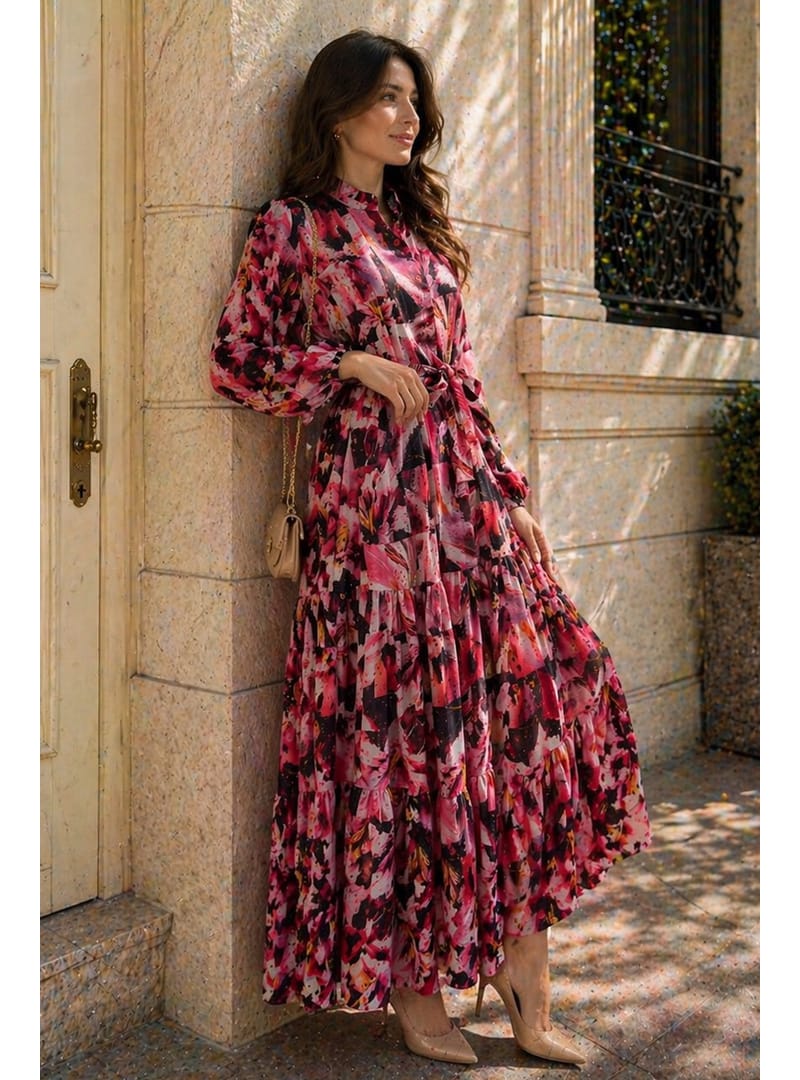 Desenli Tesettür Jessica Elbise B607 Fuşya - Resim 3