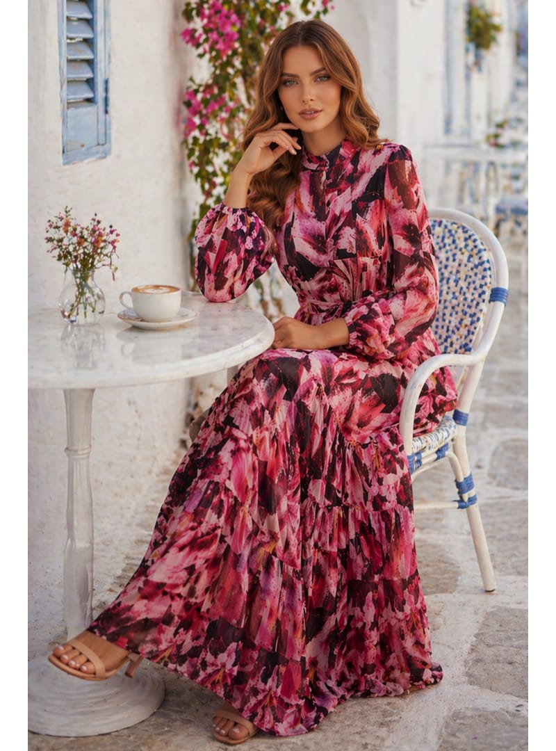 Desenli Tesettür Jessica Elbise B607 Fuşya - Resim 4