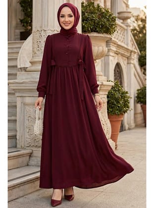 Düğmeli Bordo Tesettür Elbise 10391BR