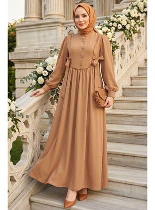 Düğmeli Camel Tesettür Elbise 10391C