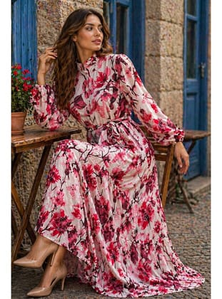 Desenli Tesettür Jessica Elbise B599 Somon