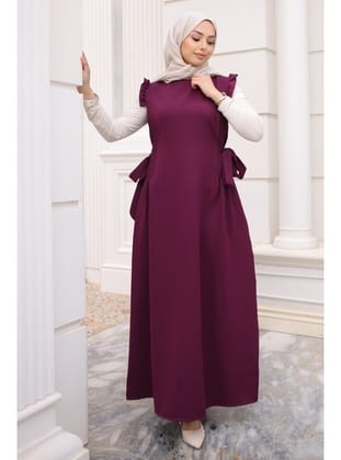 Mürdüm Bel Kuşaklı Kolları Fırfırlı Elbise