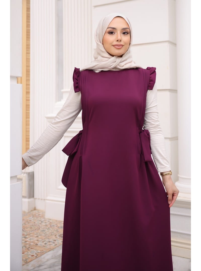 Mürdüm Bel Kuşaklı Kolları Fırfırlı Elbise - Resim 3