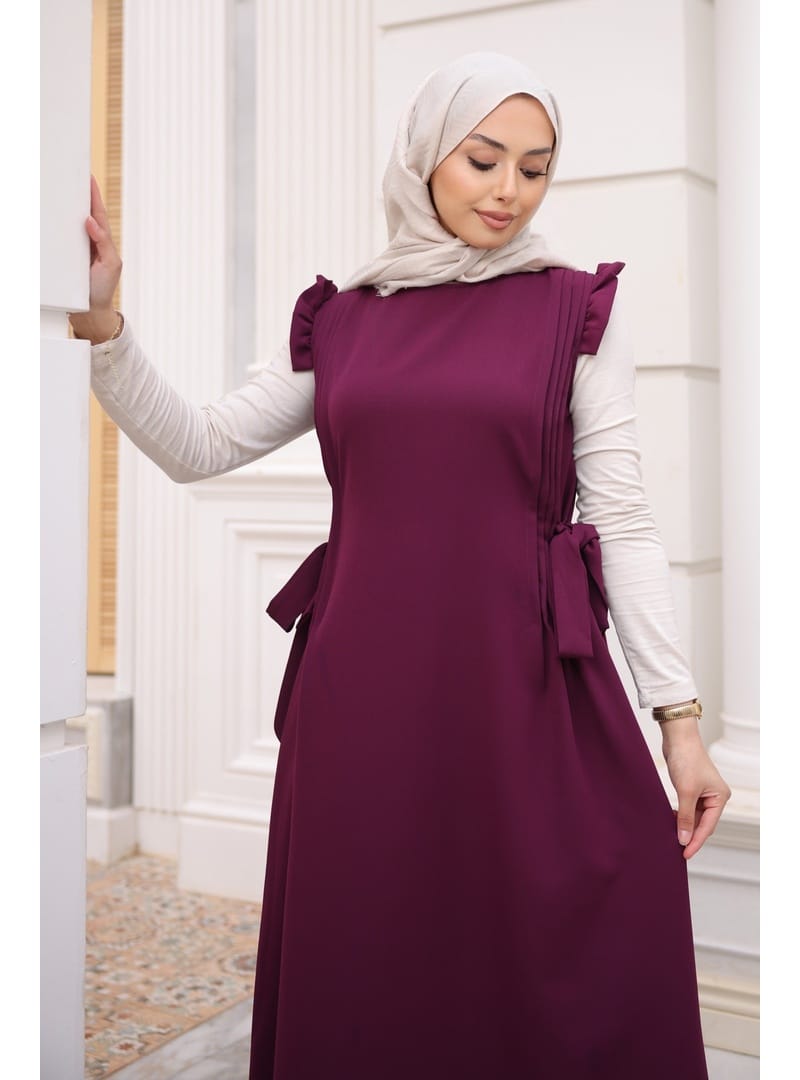Mürdüm Bel Kuşaklı Kolları Fırfırlı Elbise - Resim 4