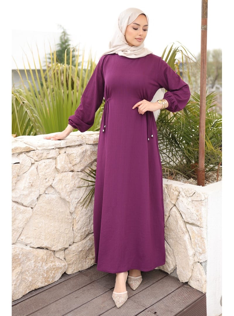 Mor Bisiklet Yaka Bel Ve Kol Lastikli Bürümcük Elbise - Resim 3
