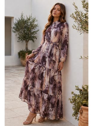 Desenli Tesettür Jessica Elbise B597 Vizon