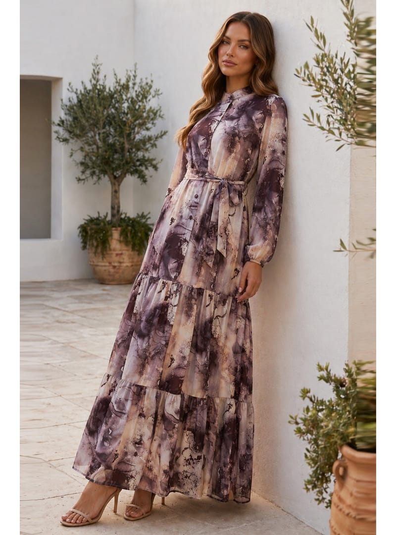 Desenli Tesettür Jessica Elbise B597 Vizon - Resim 2